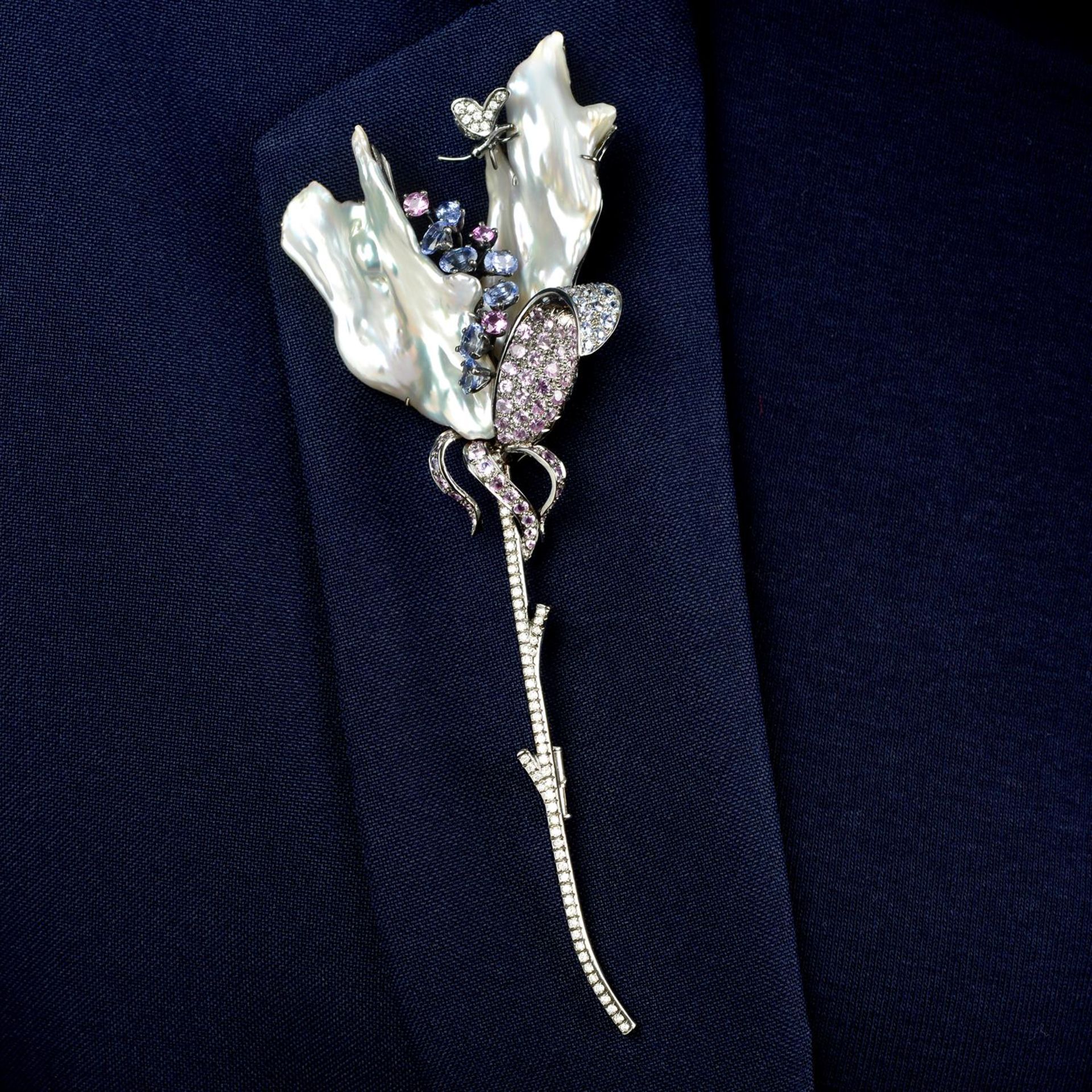 A baroque cultured pearl, pink and blue sapphire and brilliant-cut diamond floral brooch,