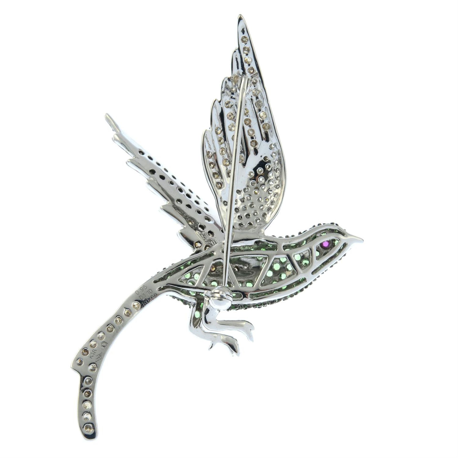 A 'brown' diamond, diamond and green garnet bird brooch, with ruby eye. - Image 3 of 4