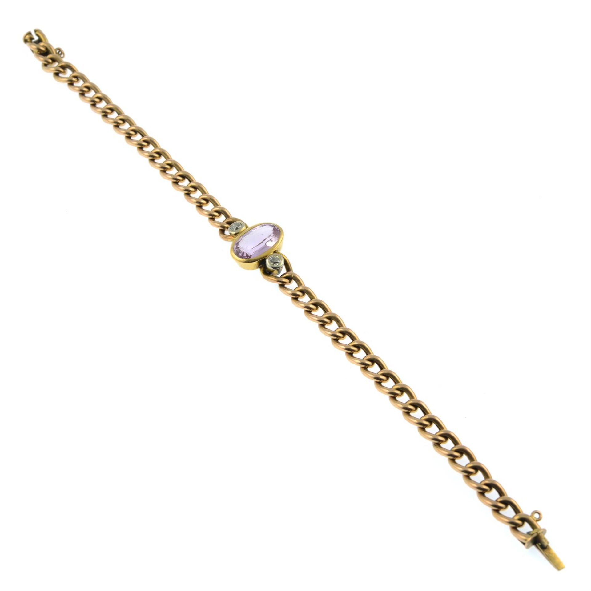 An early 20th century gold curb-link bracelet, with pink topaz and old-cut diamond sides inset. - Image 3 of 4