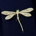 An early 20th century 18ct gold rose-cut diamond dragonfly brooch, with emerald eyes.