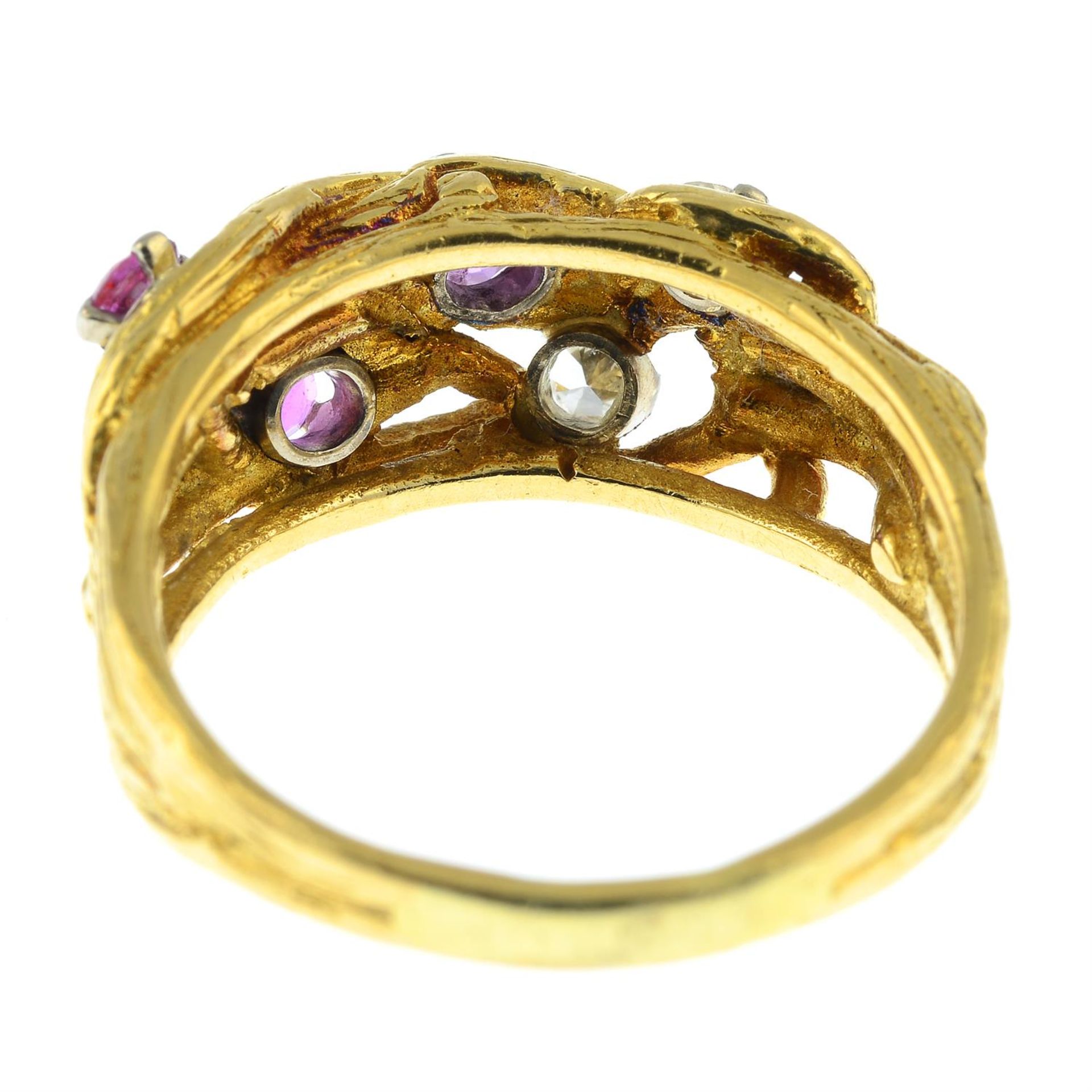 A 1960's 18ct gold textured branching ring, with ruby and old-cut diamond highlights. - Image 4 of 5
