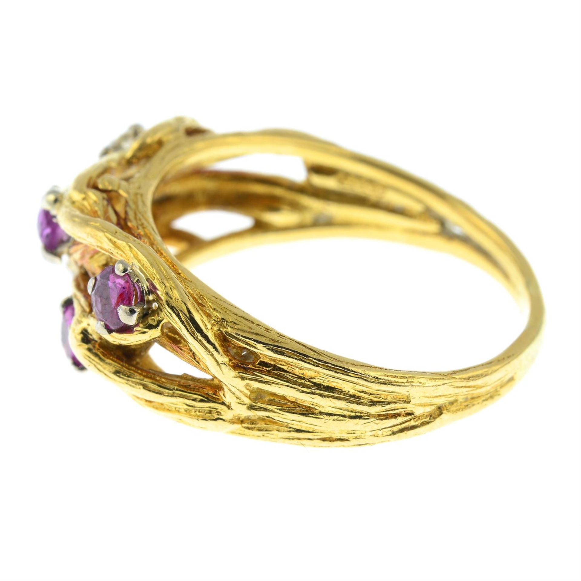 A 1960's 18ct gold textured branching ring, with ruby and old-cut diamond highlights. - Image 3 of 5