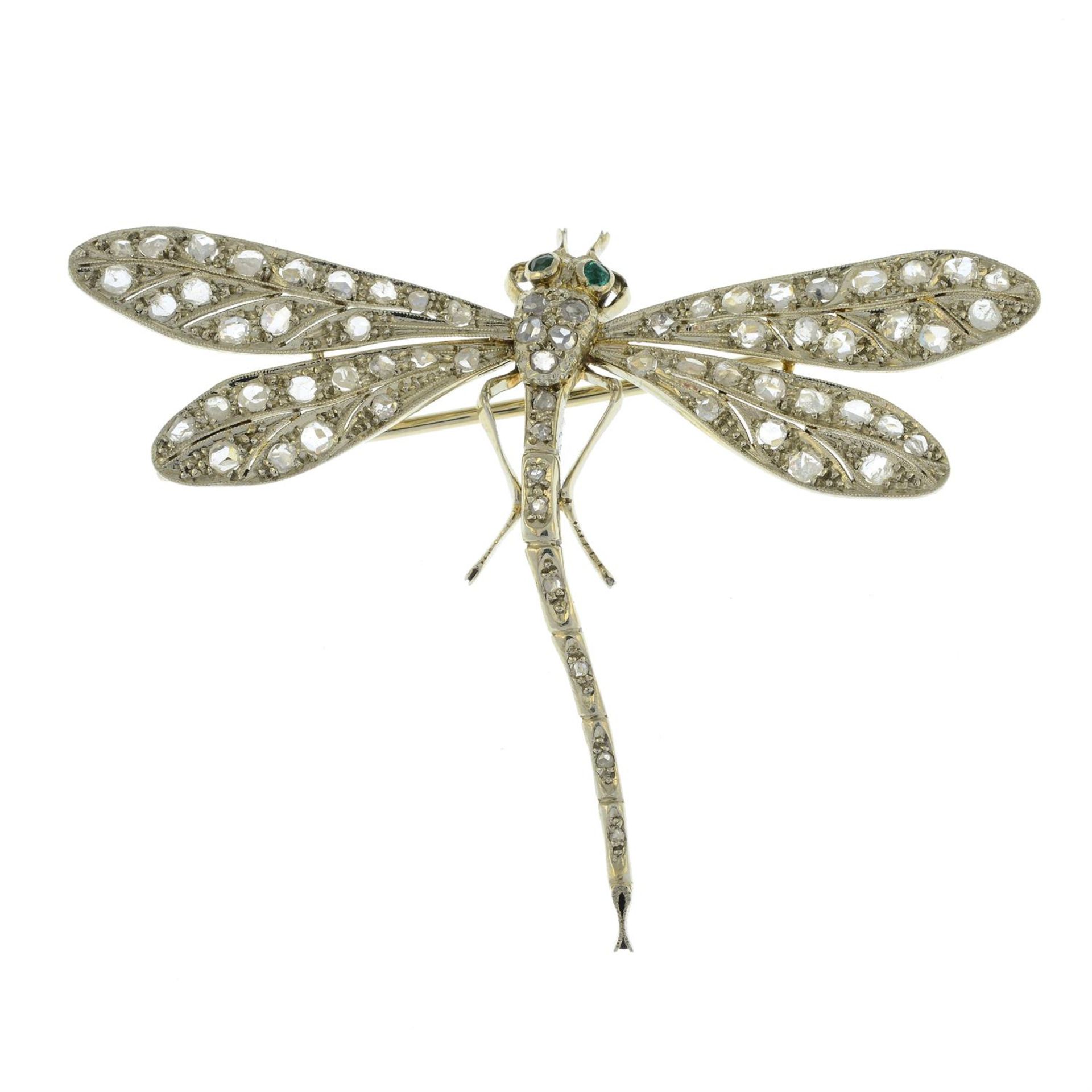 An early 20th century 18ct gold rose-cut diamond dragonfly brooch, with emerald eyes. - Bild 2 aus 4