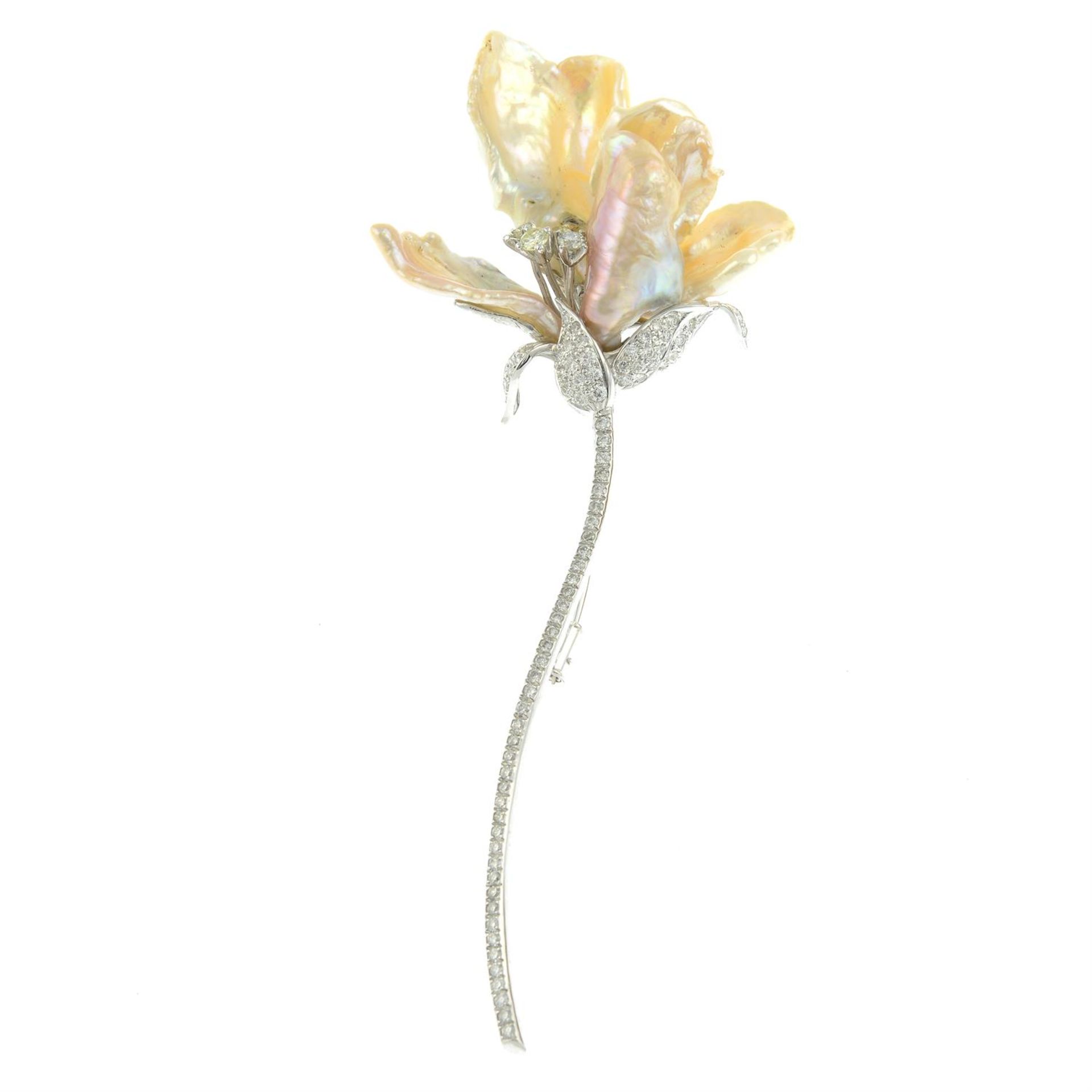 A baroque cultured pearl, 'yellow' diamond and diamond floral brooch. - Image 2 of 4