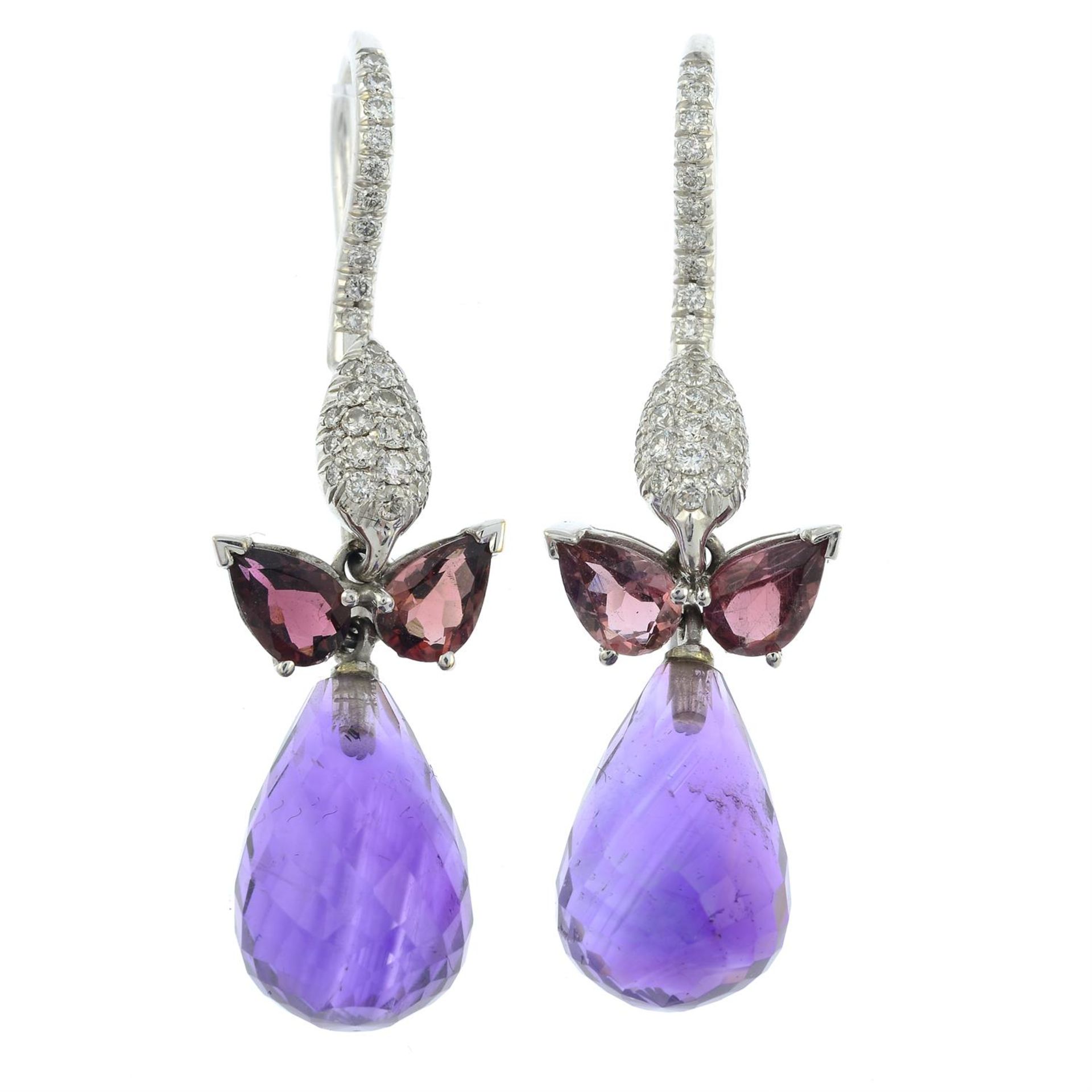 A pair of pavé-set brilliant-cut diamond, pink tourmaline and amethyst drop earrings. - Bild 2 aus 3