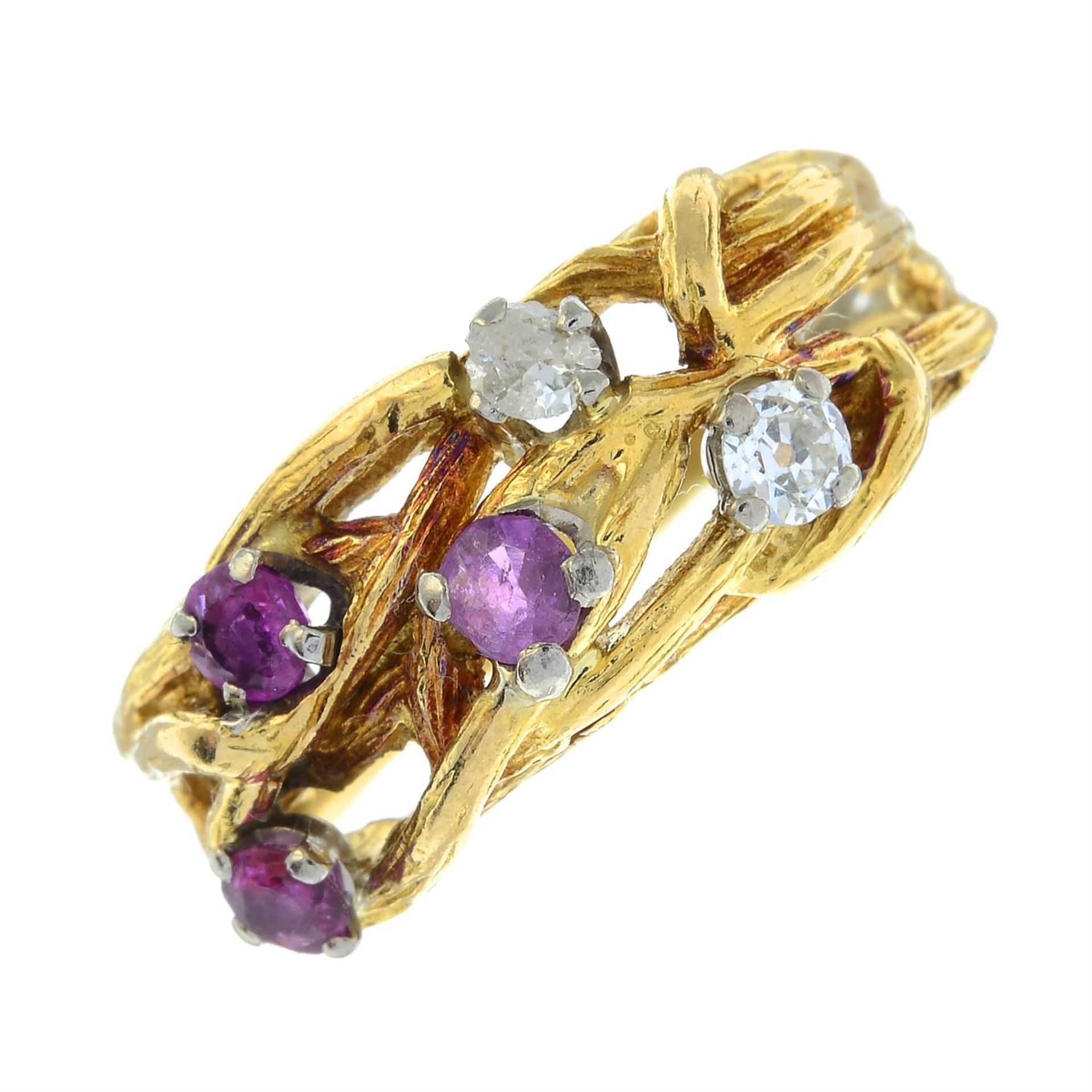 A 1960's 18ct gold textured branching ring, with ruby and old-cut diamond highlights. - Image 2 of 5