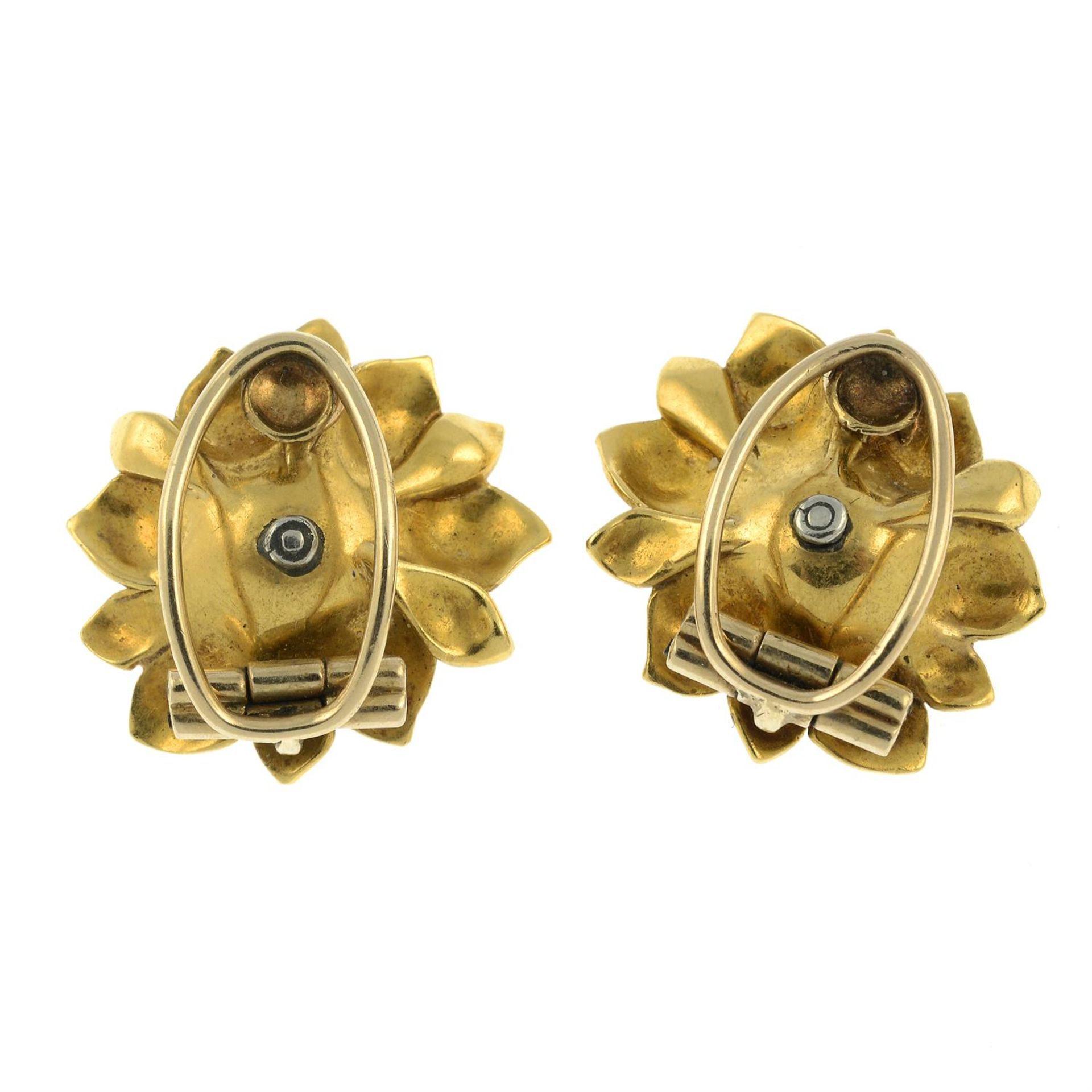A pair of mid 20th century gold, circular-cut diamond and ruby floral cluster earrings. - Image 3 of 3