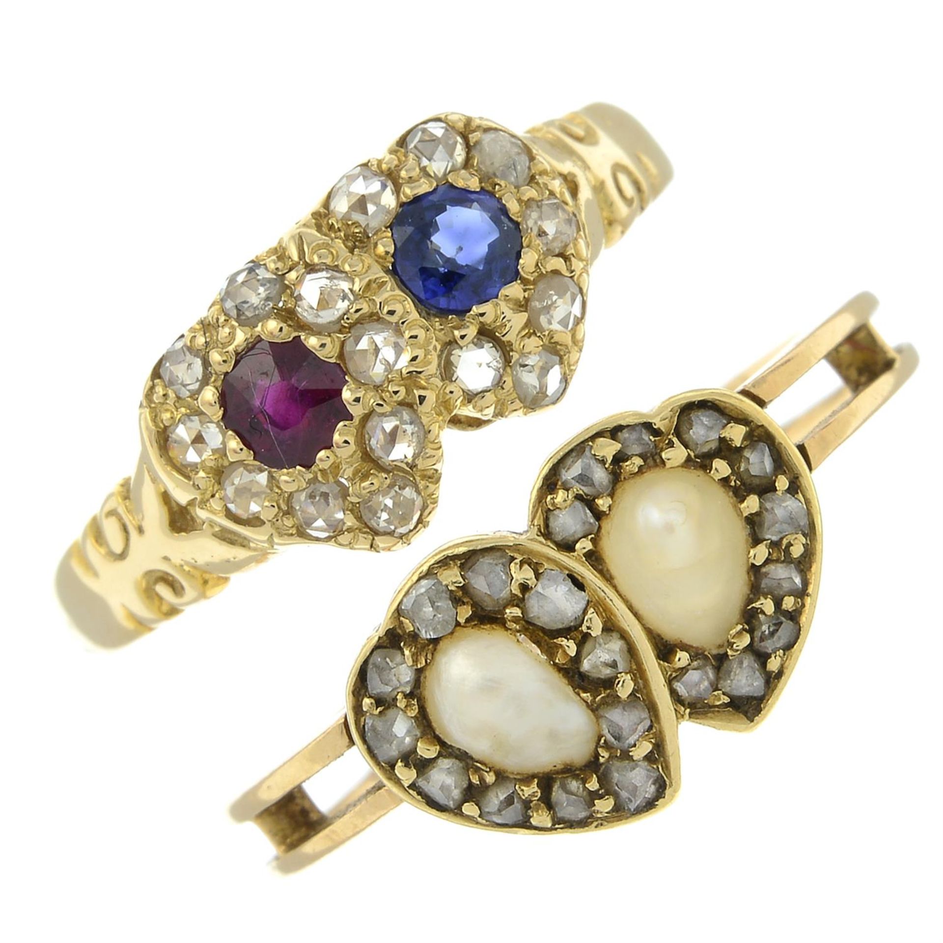 Two late 19th century gold gem-set double heart rings. - Image 2 of 6