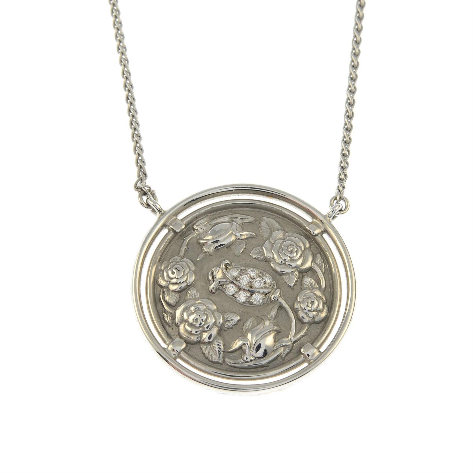 A diamond highlight, chased floral pendant on chain, by Carrera y Carrera. - Image 2 of 5