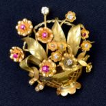 A mid 20th century tri-colour gold vari-cut diamond and synthetic ruby floral basket brooch.