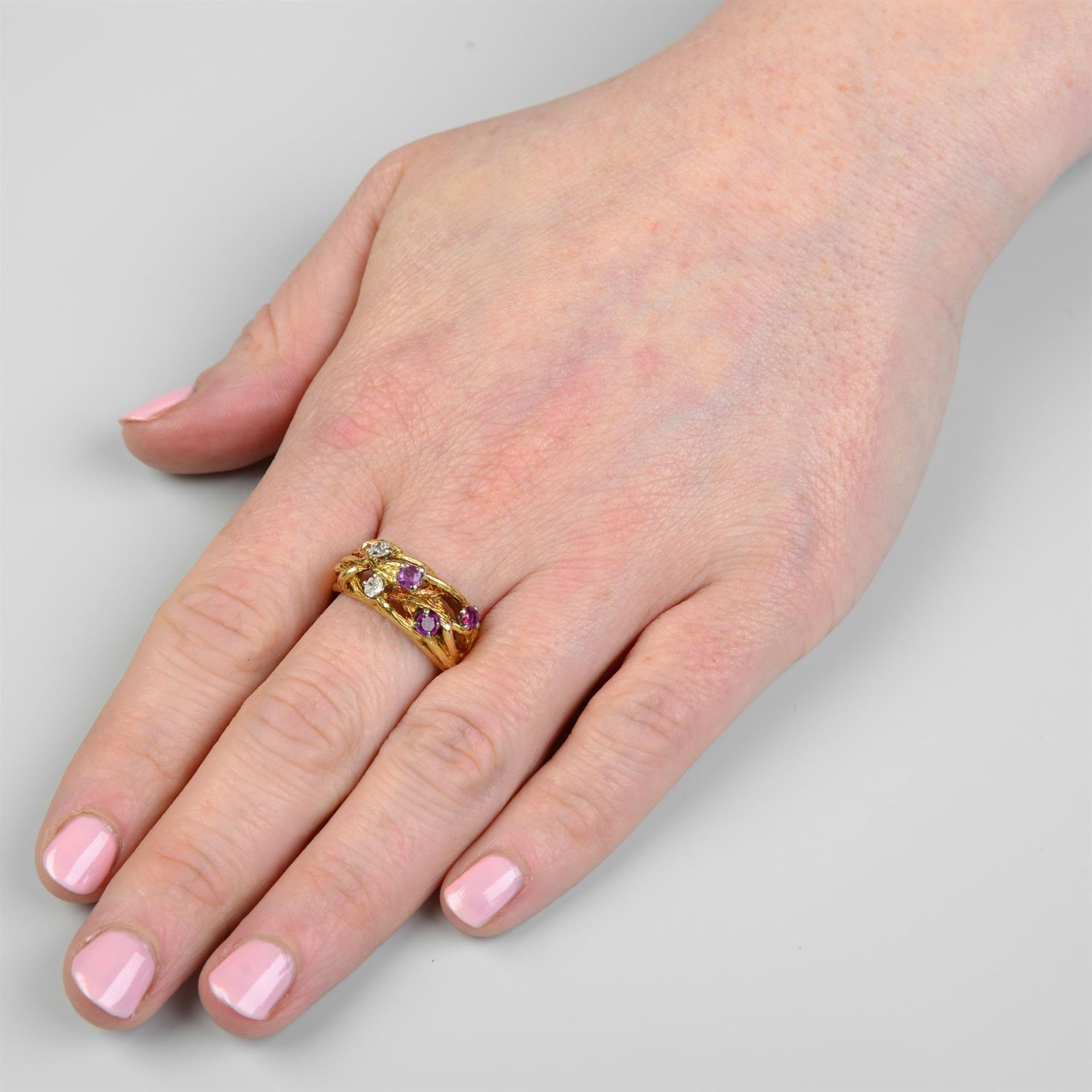 A 1960's 18ct gold textured branching ring, with ruby and old-cut diamond highlights. - Image 5 of 5