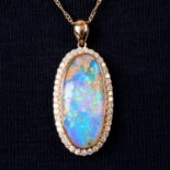 An opal and brilliant-cut diamond cluster pendant, with chain.