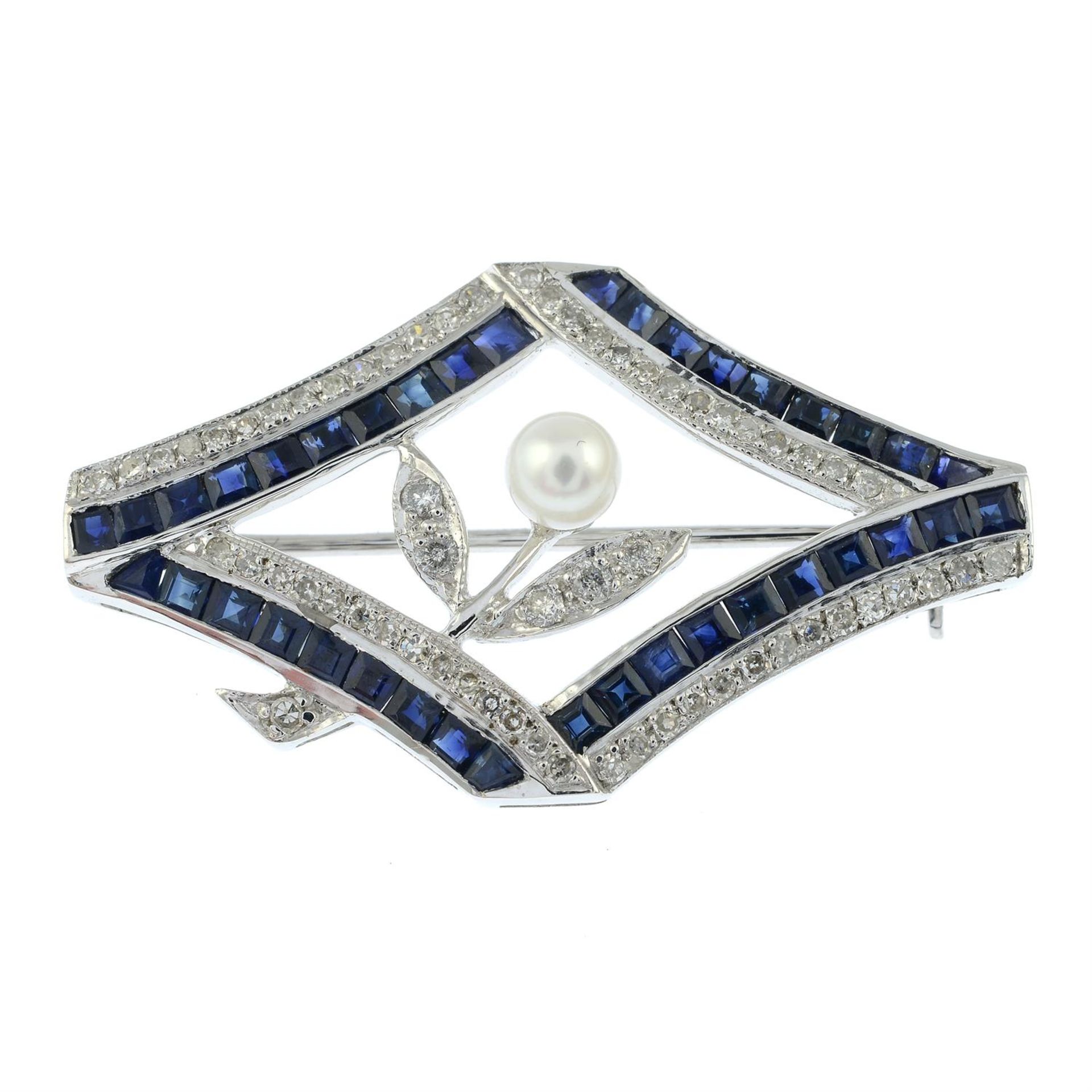 A brilliant-cut diamond, sapphire and seed pearl floral brooch. - Bild 2 aus 4