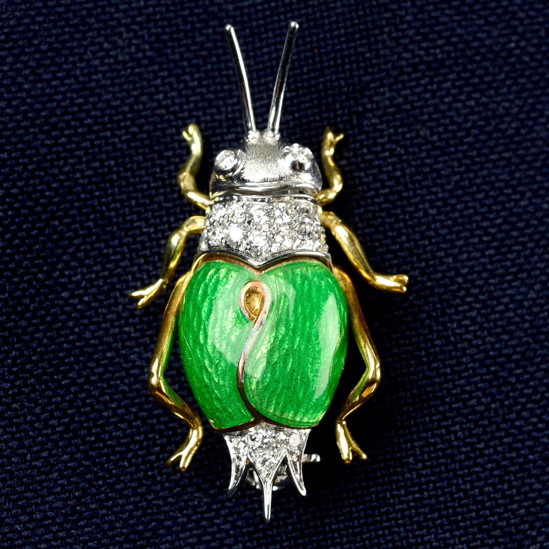 A diamond and green enamel grasshopper brooch, by Gioielli.