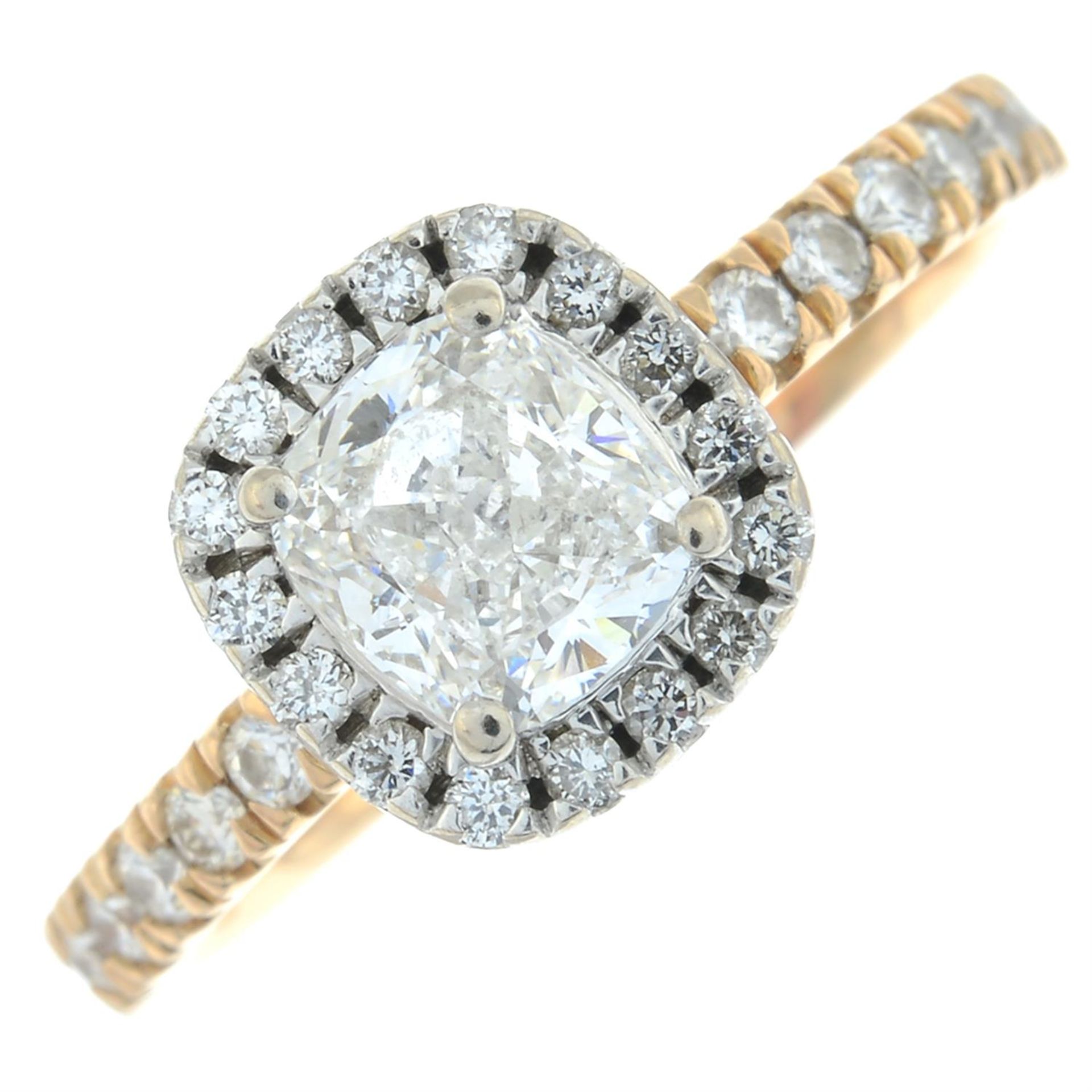 A cushion-shape diamond single-stone ring, with brilliant-cut diamond surround and sides. - Image 2 of 6