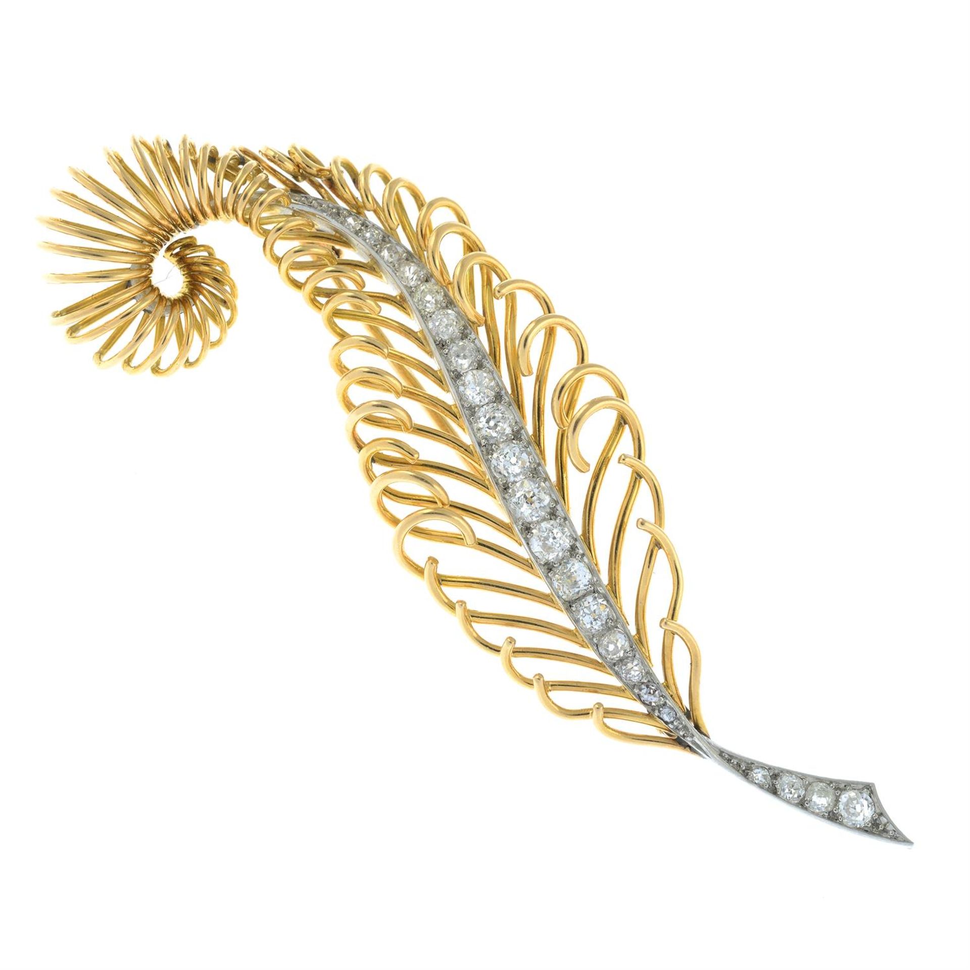 A mid 20th century old-cut diamond openwork feather brooch. - Bild 2 aus 4