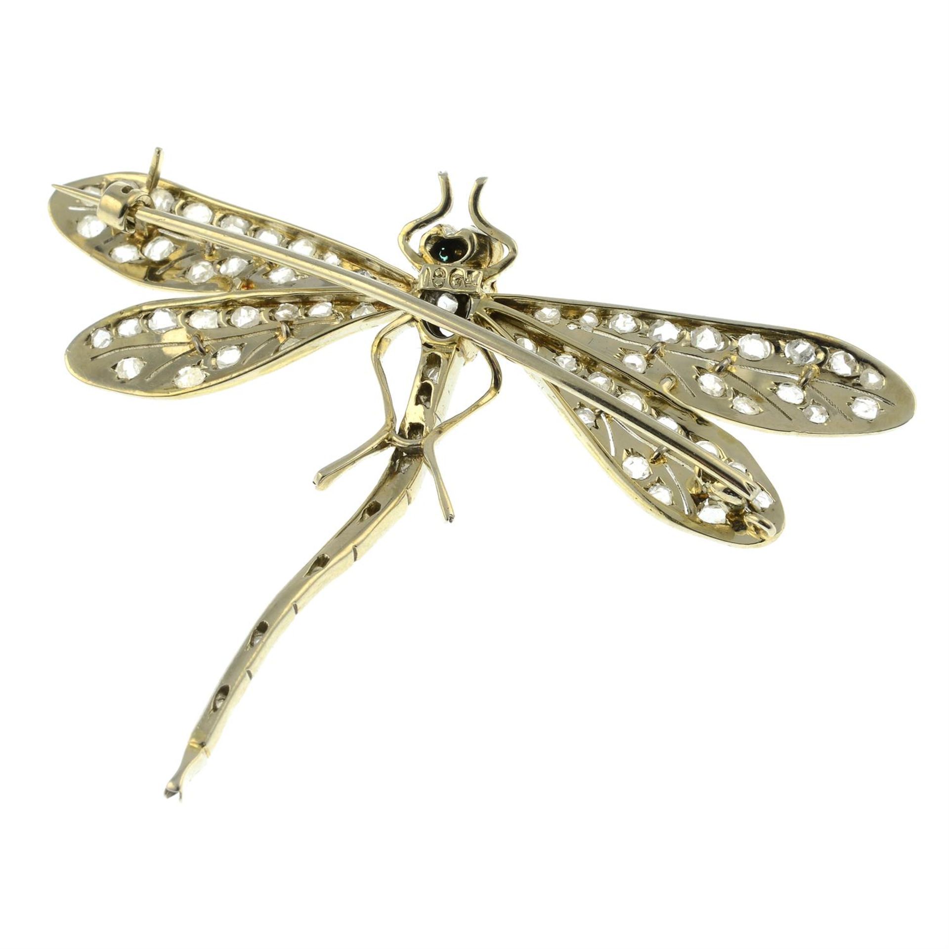 An early 20th century 18ct gold rose-cut diamond dragonfly brooch, with emerald eyes. - Image 3 of 4