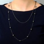 An 18ct gold 'Tahitian' cultured pearl station and plain trace-link two-strand necklace,