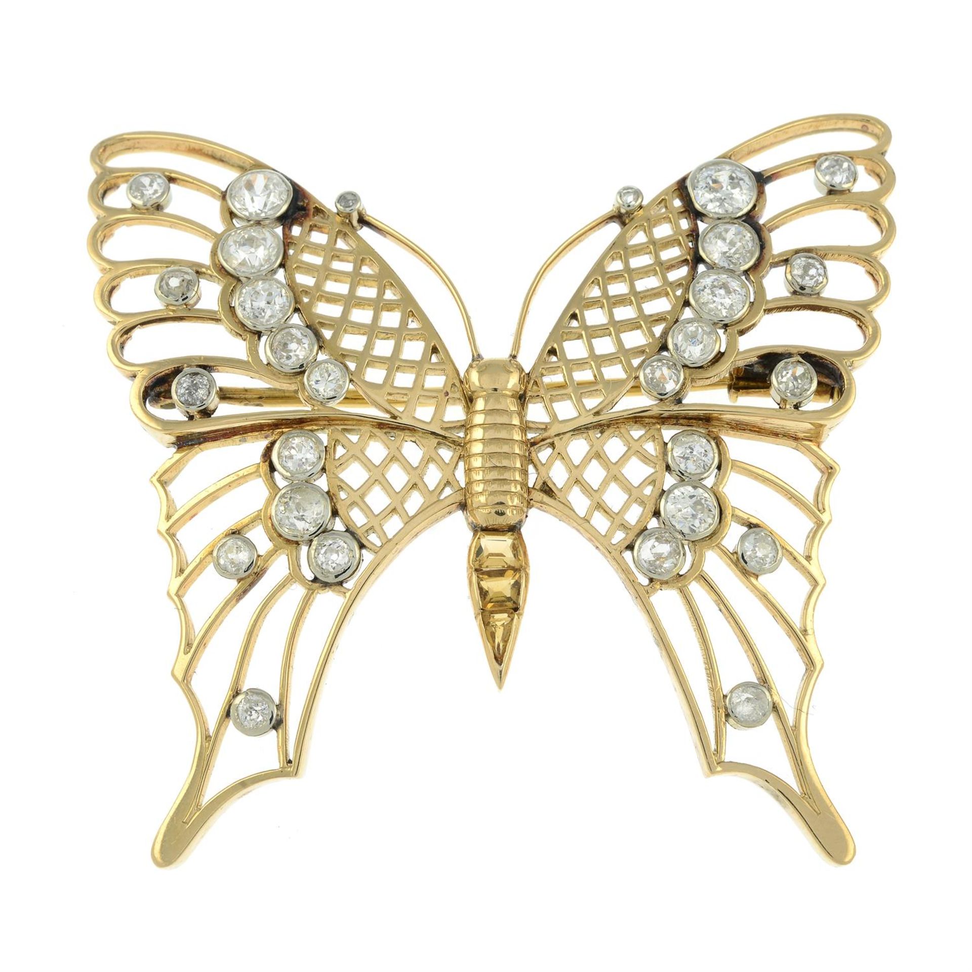 A mid 20th century gold old-cut diamond and citrine openwork butterfly brooch. - Image 2 of 4
