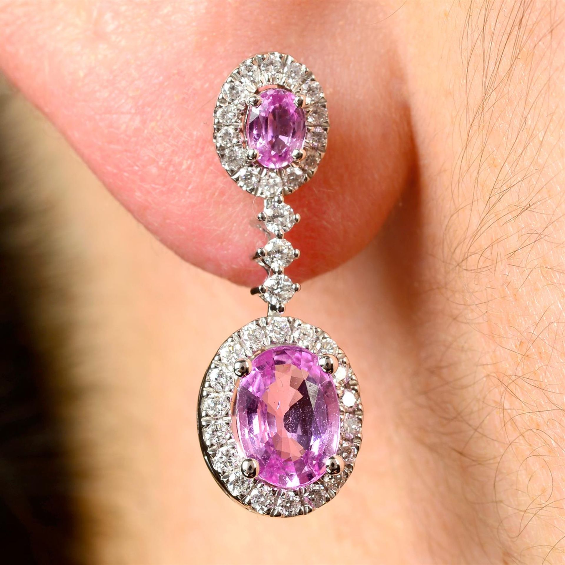 A pair of 18ct gold pink sapphire and diamond cluster stud earrings, with similarly-set detachable