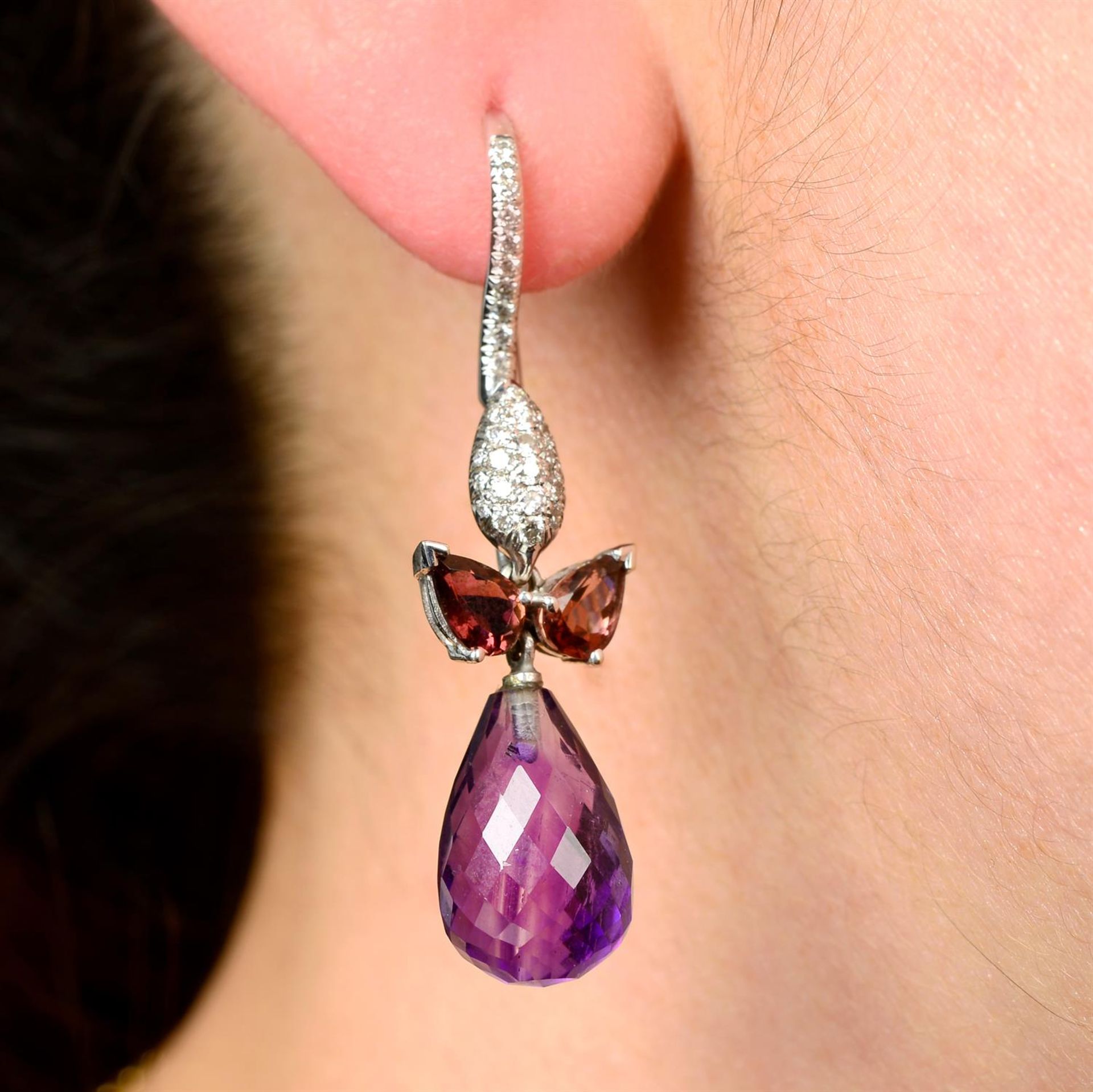 A pair of pavé-set brilliant-cut diamond, pink tourmaline and amethyst drop earrings.