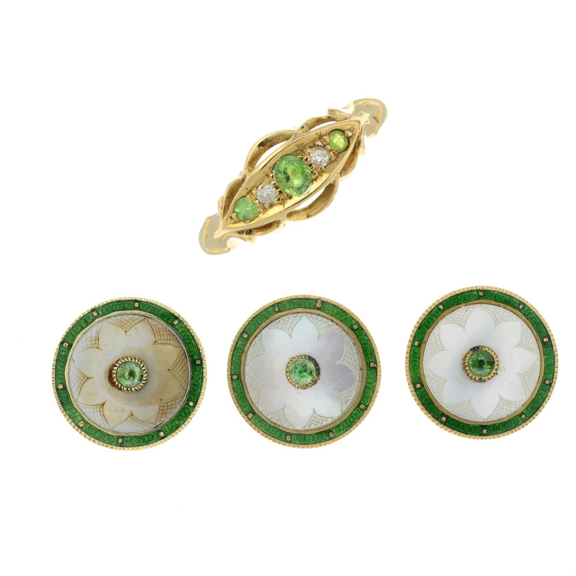 An early 20th century 18ct gold demantoid garnet and diamond ring, together with a set of three - Image 2 of 5