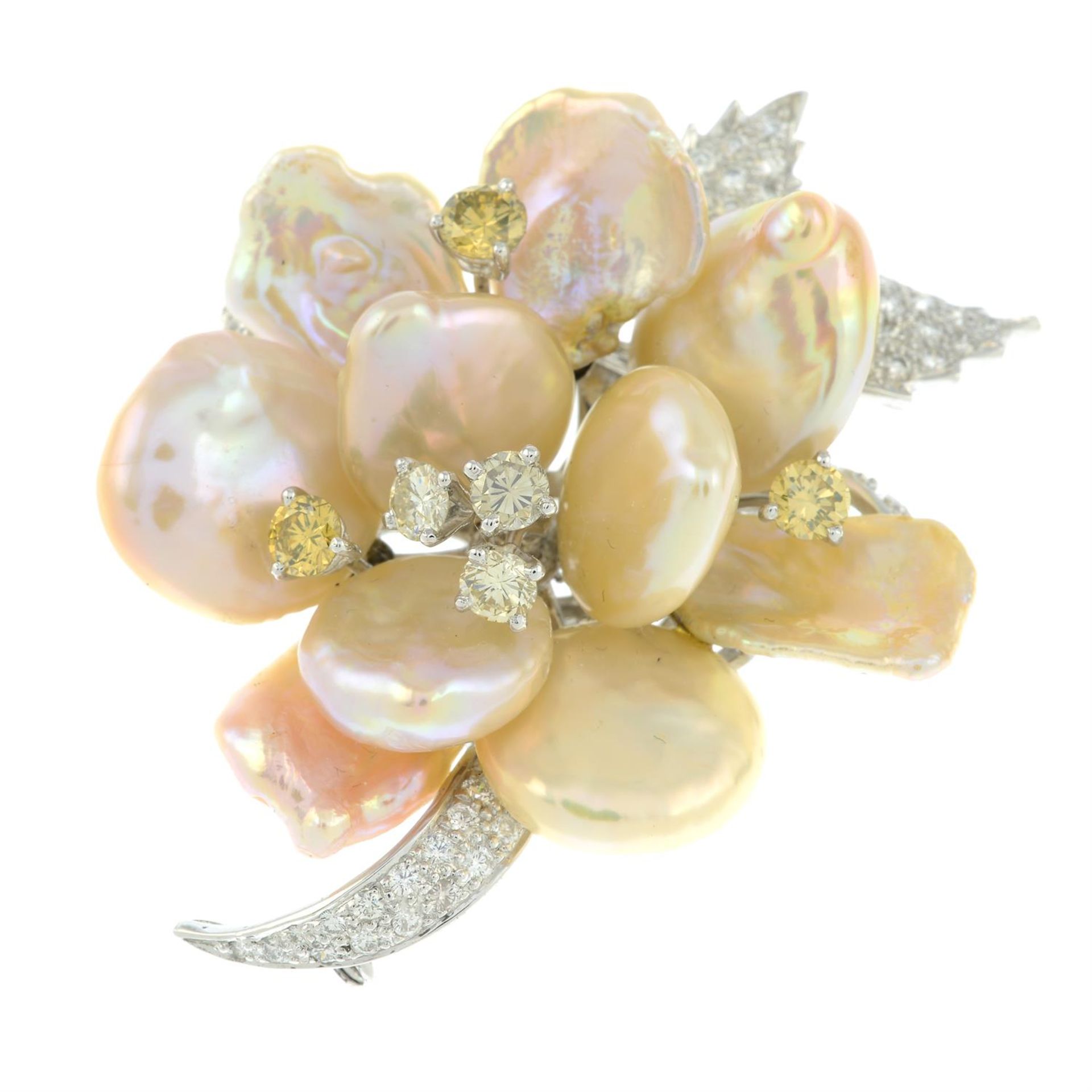 A baroque cultured pearl, 'yellow' diamond and diamond floral brooch, partially set 'en tremblant'. - Image 2 of 4