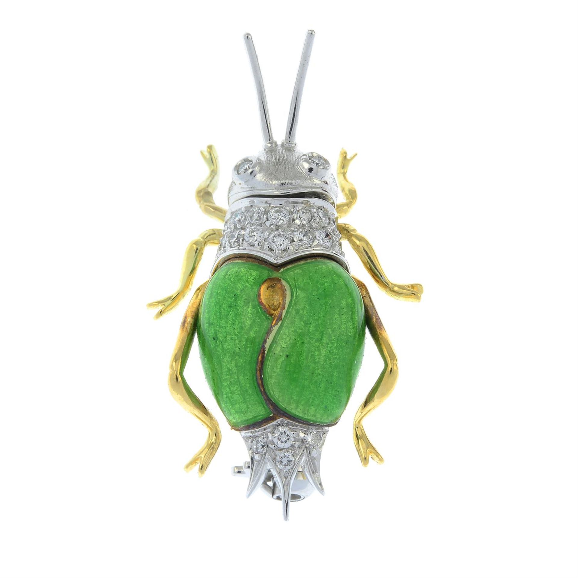 A diamond and green enamel grasshopper brooch, by Gioielli. - Image 2 of 4