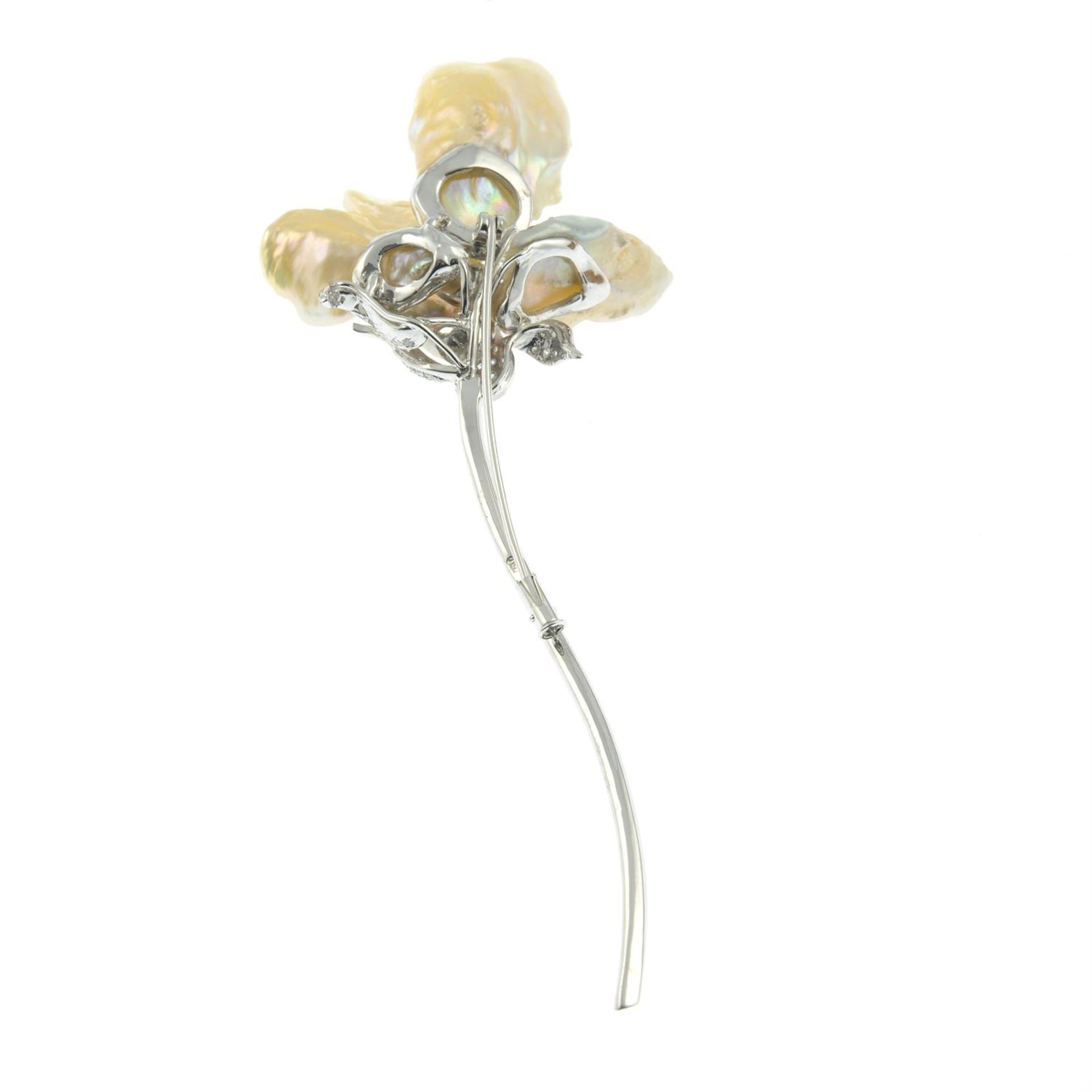 A baroque cultured pearl, 'yellow' diamond and diamond floral brooch. - Image 3 of 4