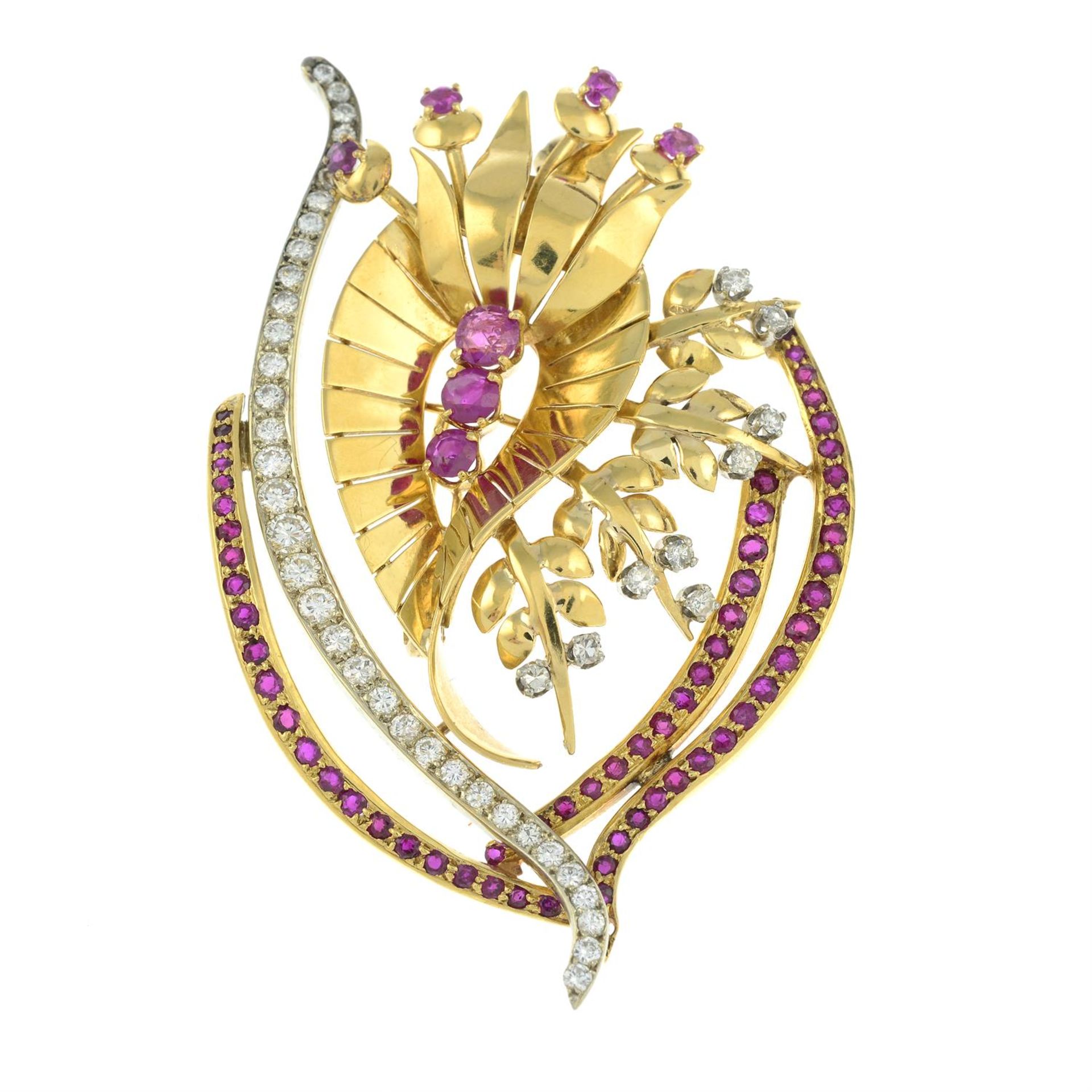 A 1940's gold ruby and brilliant-cut diamond floral brooch. - Image 2 of 4