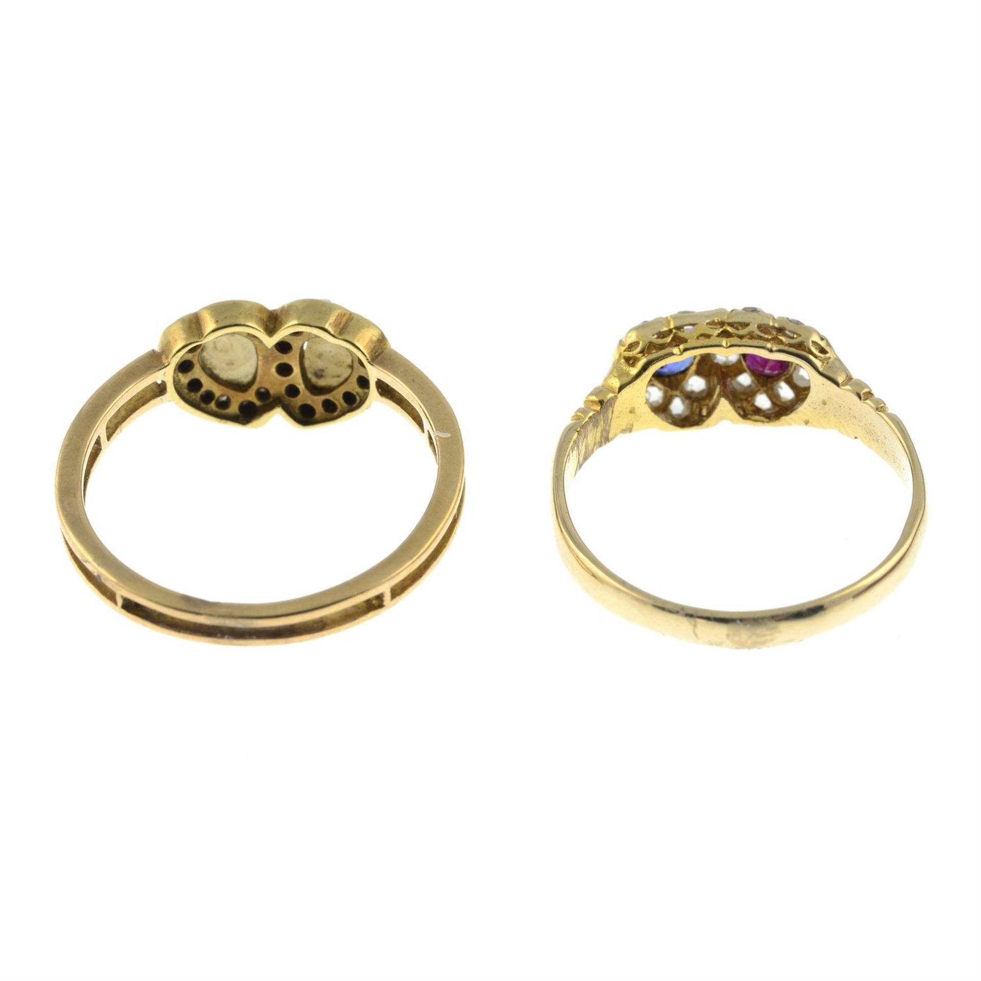 Two late 19th century gold gem-set double heart rings. - Image 4 of 6