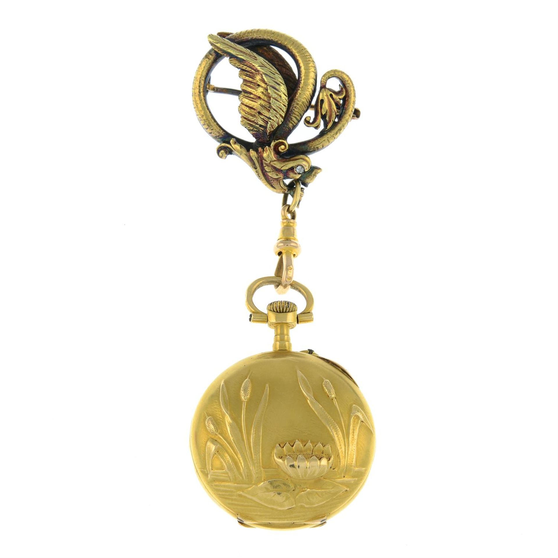 An Art Nouveau 18ct gold fob watch, with embossed lily pad and bullrushes, suspended from a lobster - Image 2 of 6