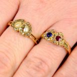 Two late 19th century gold gem-set double heart rings.