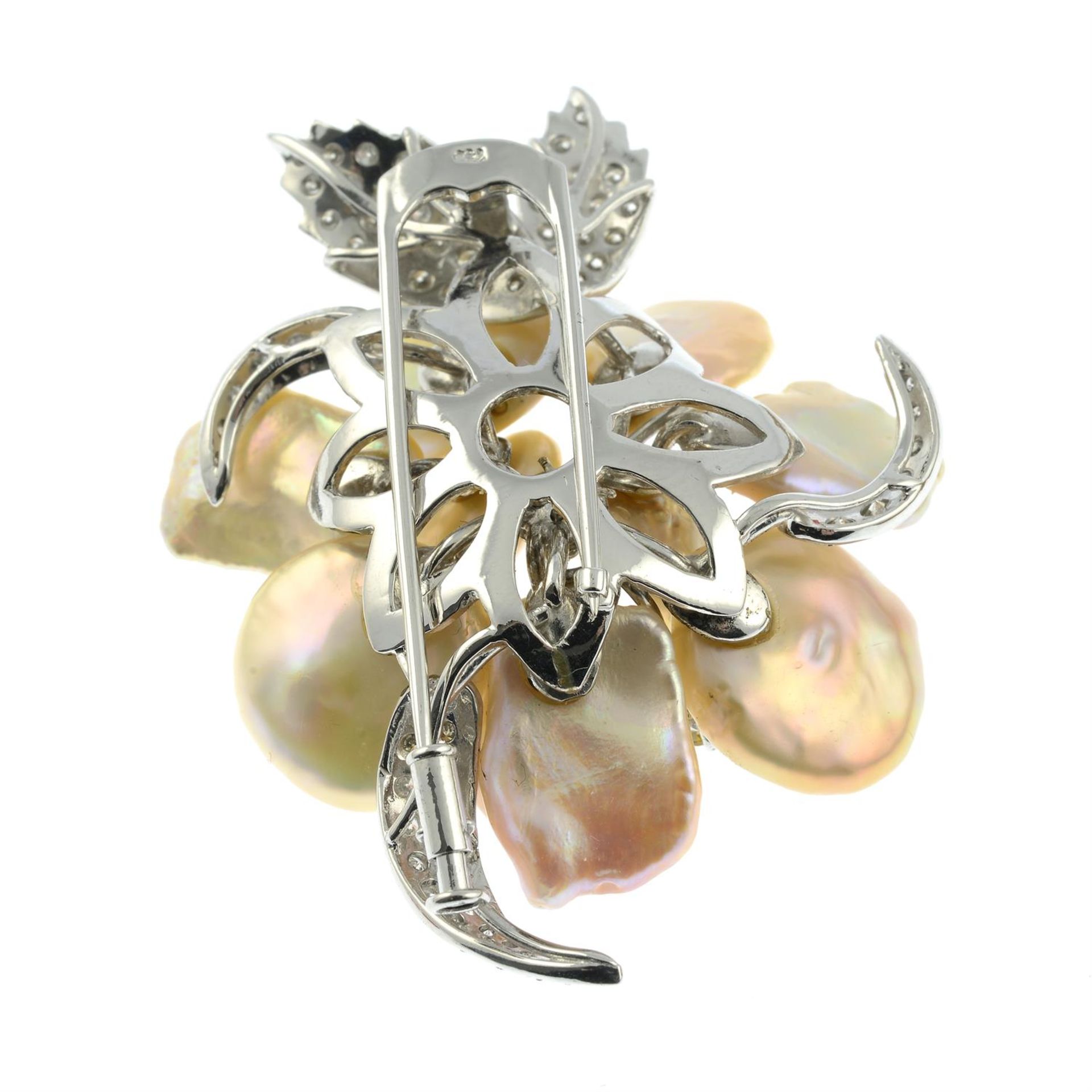 A baroque cultured pearl, 'yellow' diamond and diamond floral brooch, partially set 'en tremblant'. - Image 3 of 4
