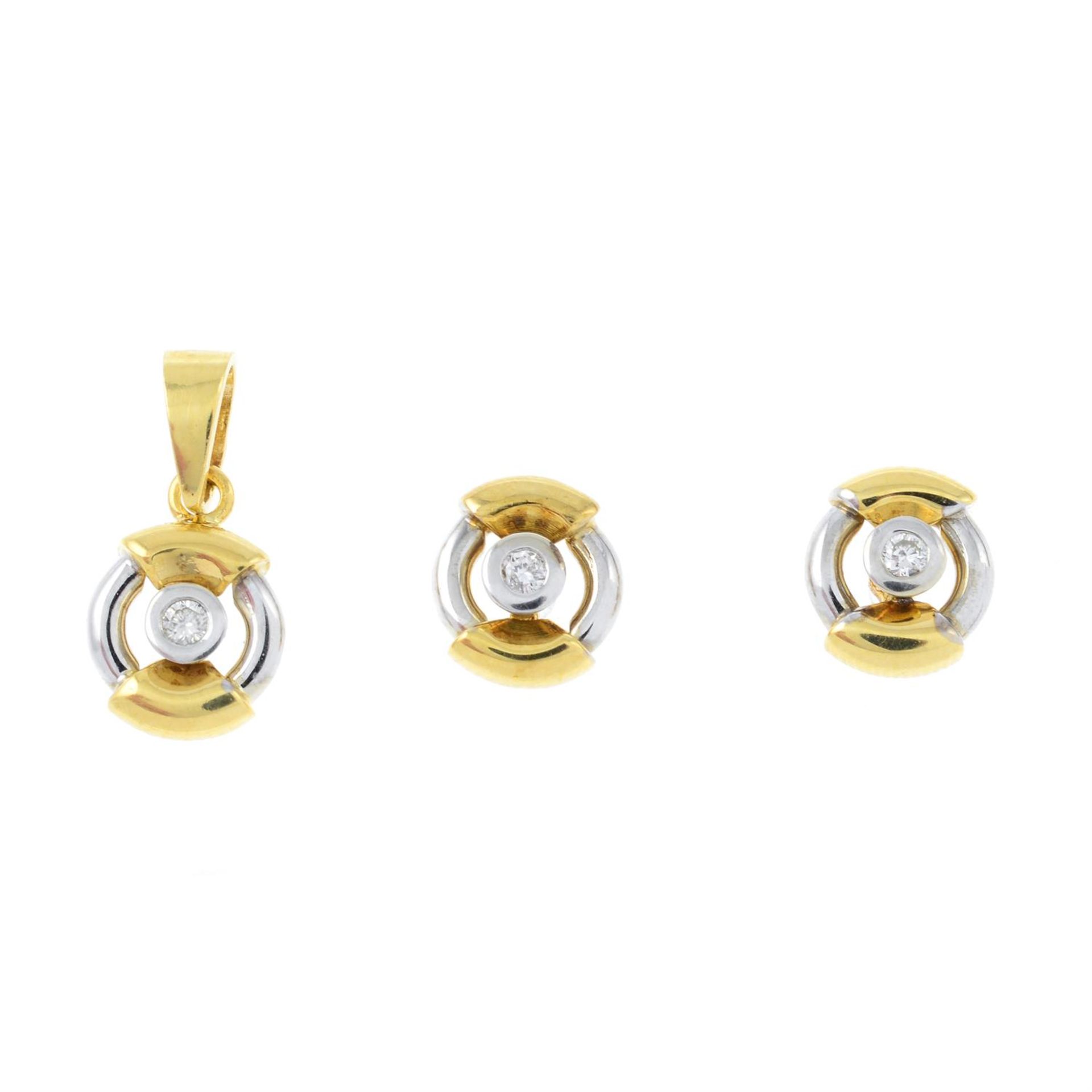 An 18ct gold diamond bi-colour pendant, together with a matching pair of earrings.