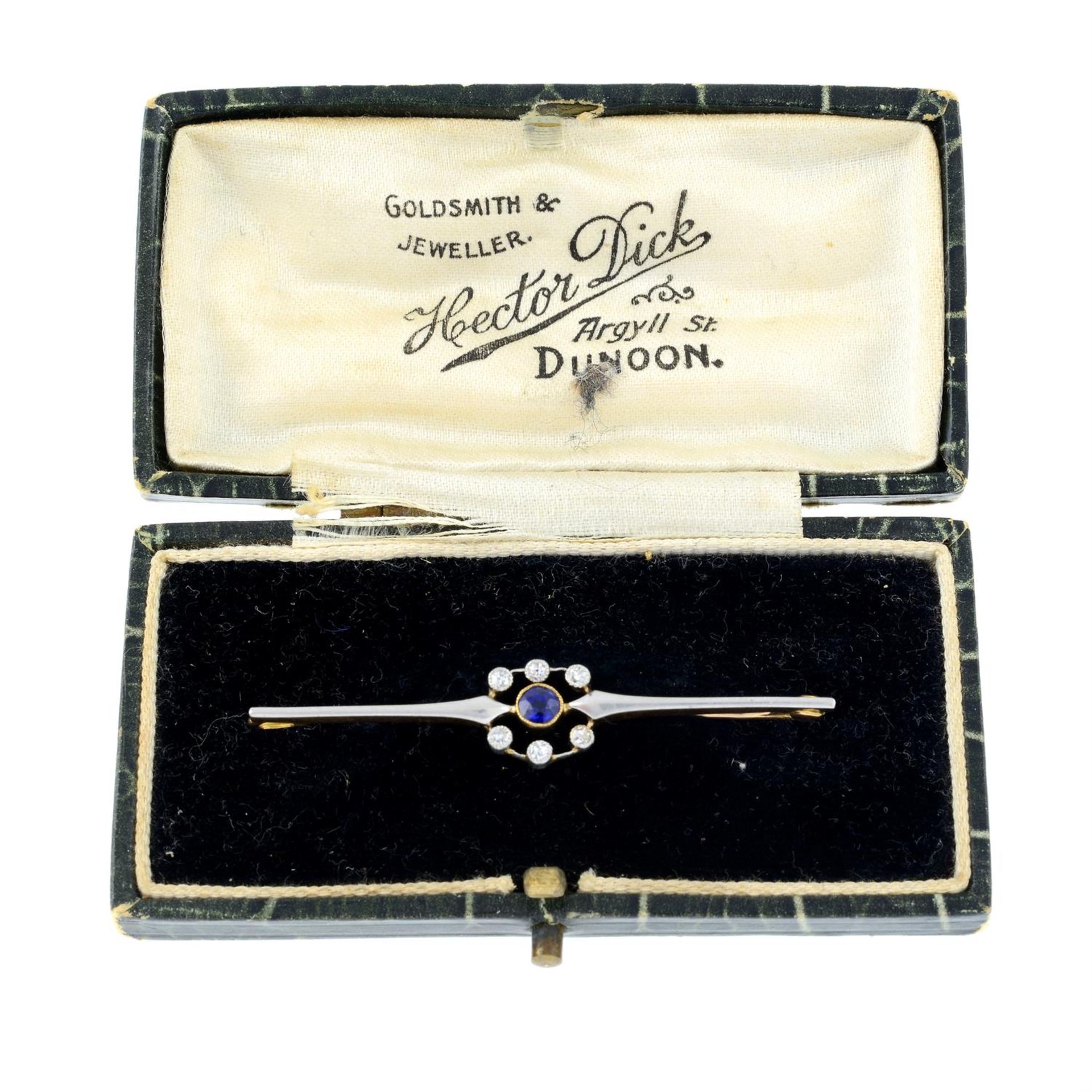 An early 20th platinum and gold, sapphire and diamond bar brooch. - Image 3 of 3