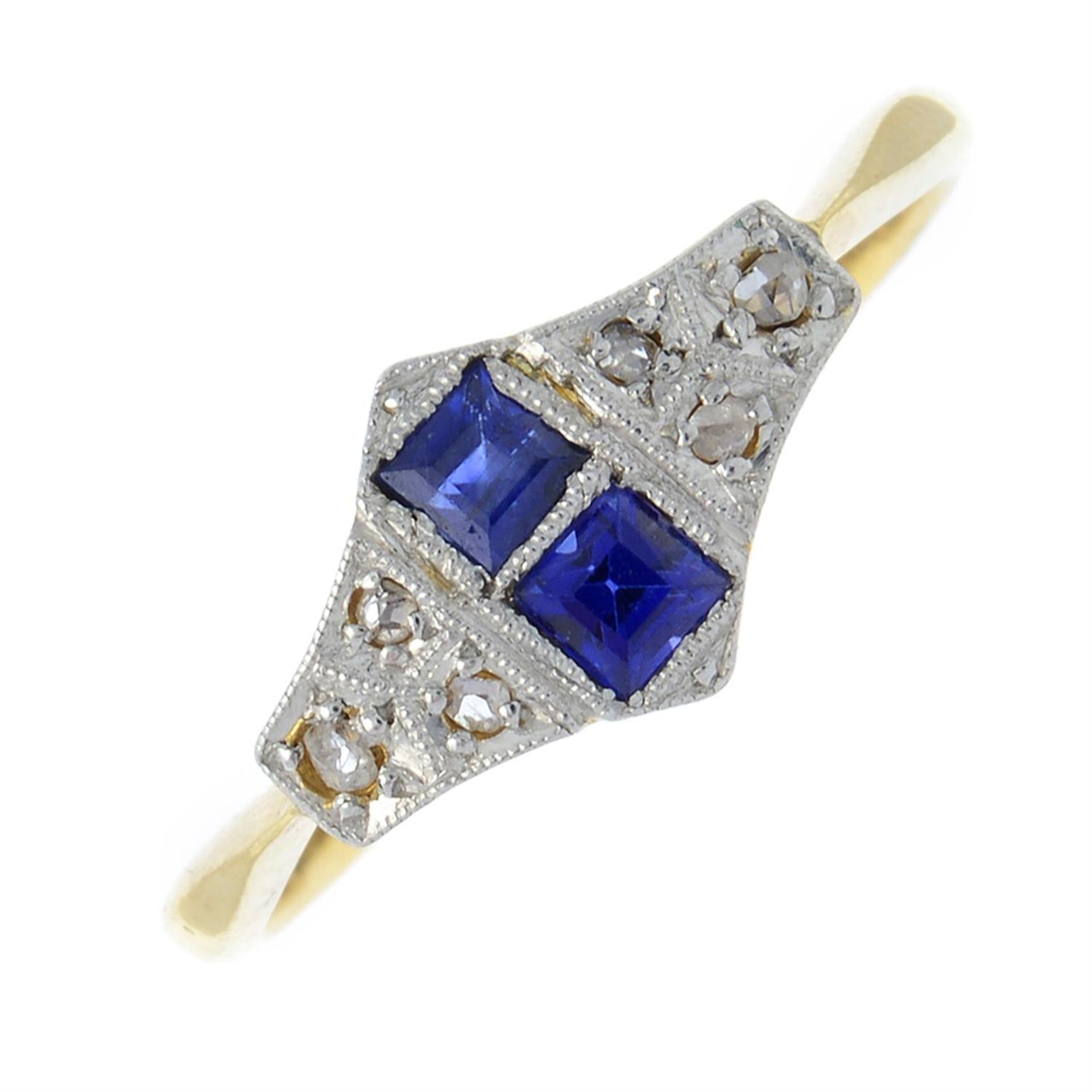 An early 20th century 18ct gold and platinum calibré-cut sapphire and rose-cut diamond cluster ring.