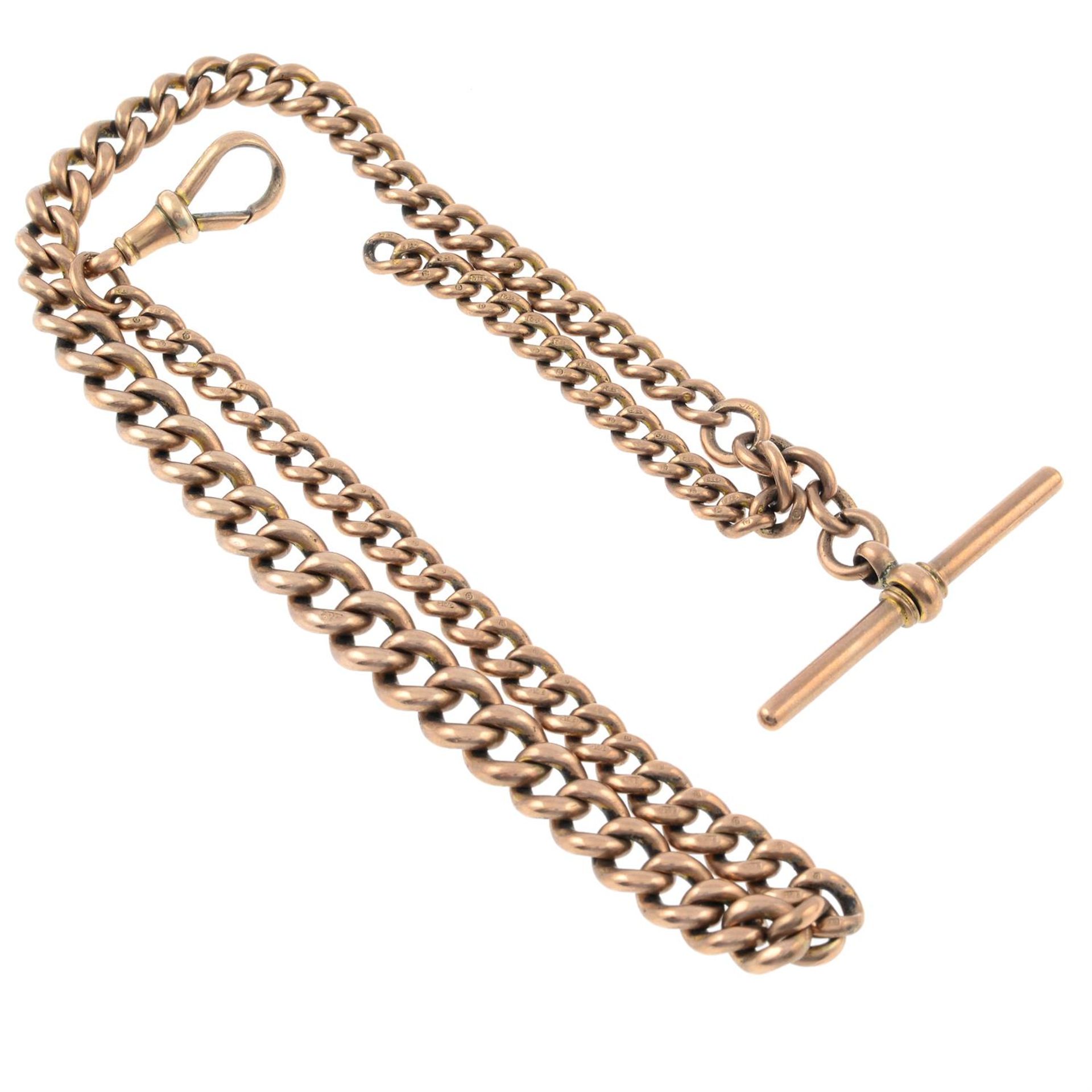 An early 20th century 9ct gold curb-link albert chain, with T-bar. - Image 2 of 2