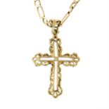 A 9ct gold openwork cross pendant, with figaro-link chain.