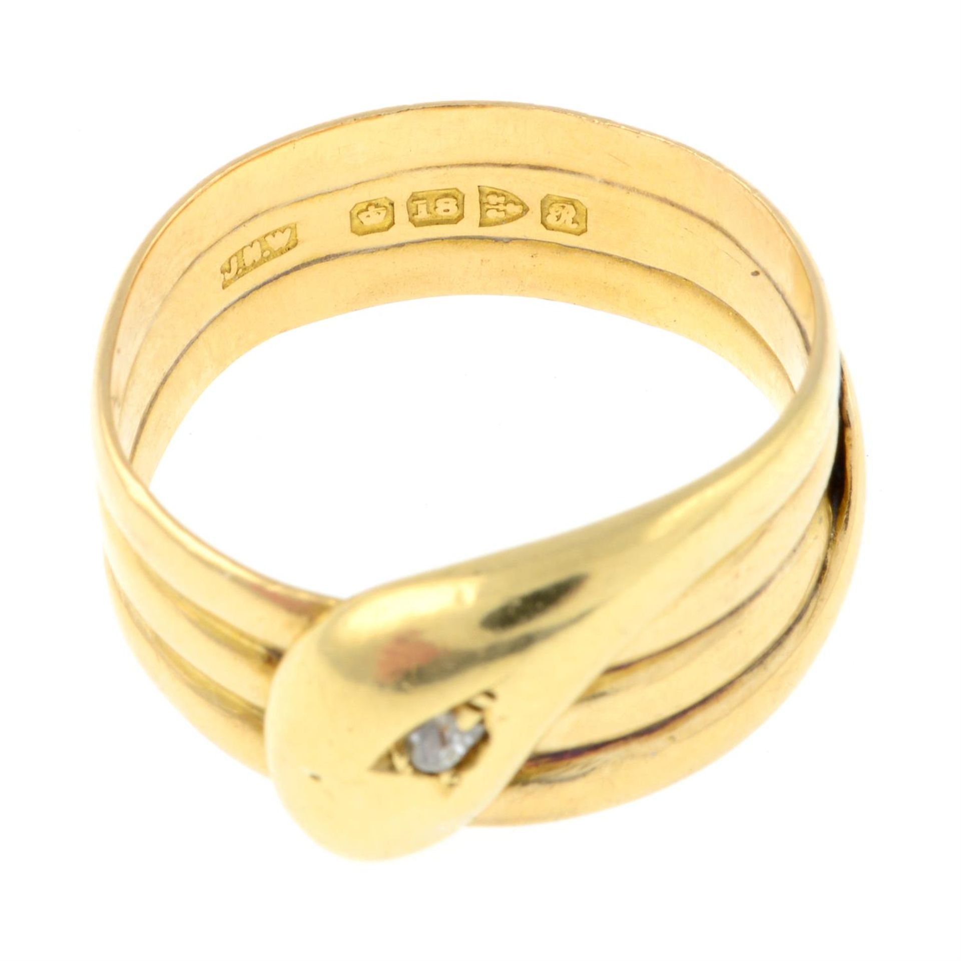 An early 20th century 18ct gold old-cut diamond snake ring. - Image 2 of 2