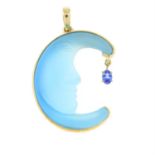 A 9ct gold carved blue chalcedony 'Man in the Moon' pendant, with sapphire highlight.