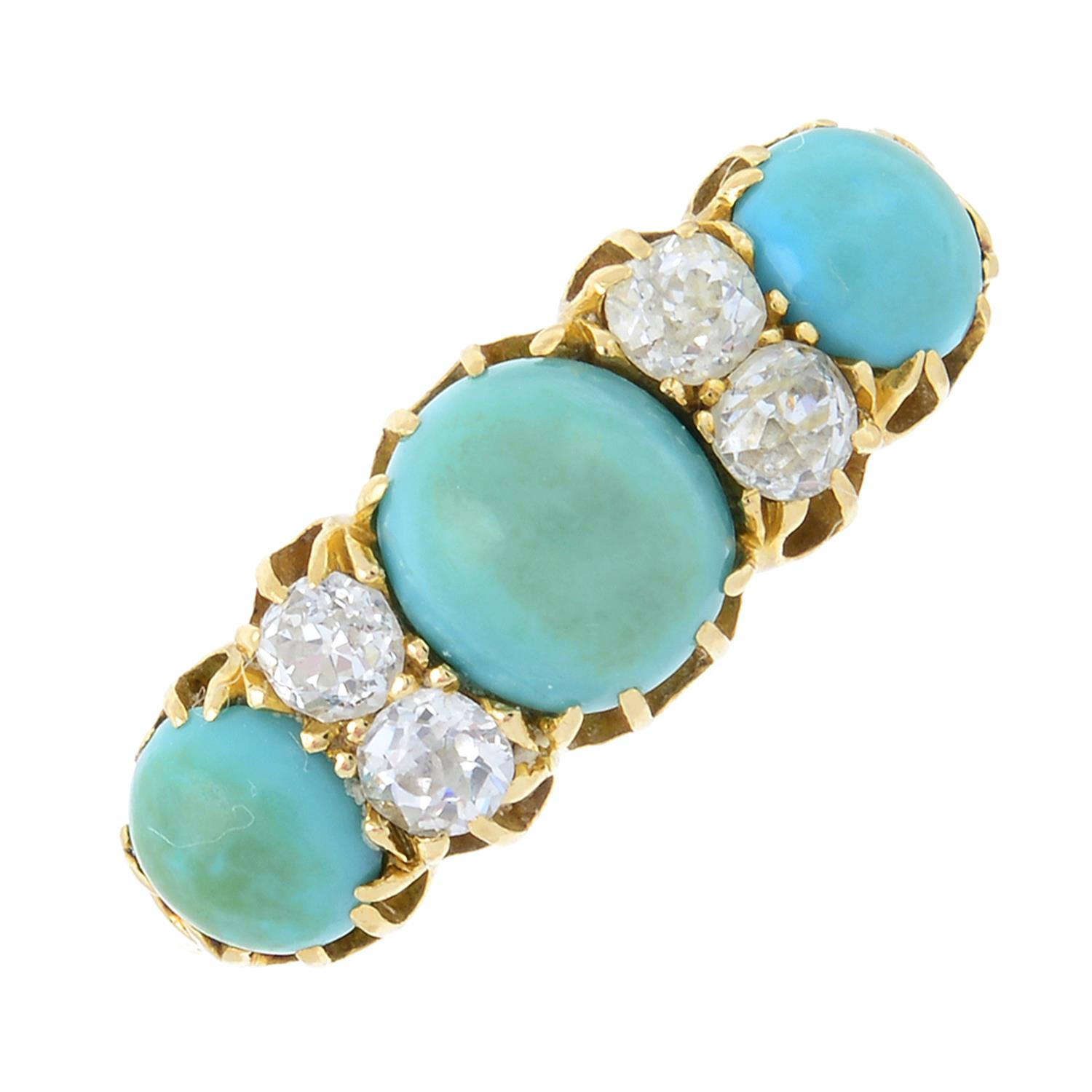 An early 20th century 18ct gold turquoise three-stone ring, with old-cut diamond spacers.