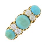 An early 20th century 18ct gold turquoise three-stone ring, with old-cut diamond spacers.