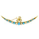 An early 20th century 15ct gold turquoise and seed pearl crescent moon brooch, with old-cut diamond