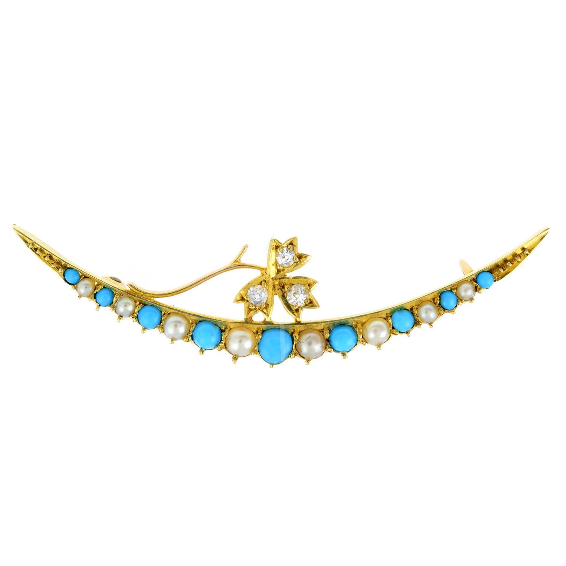 An early 20th century 15ct gold turquoise and seed pearl crescent moon brooch, with old-cut diamond