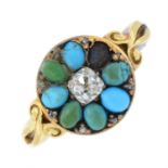 A late 19th century 18ct gold old-cut diamond and turquoise cluster ring, with rose-cut diamond