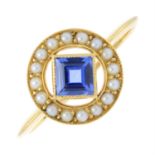 An early 20th century 18ct gold sapphire and split pearl ring.