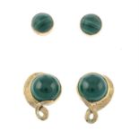 Two pairs of mid 20th century gold malachite stud earrings.
