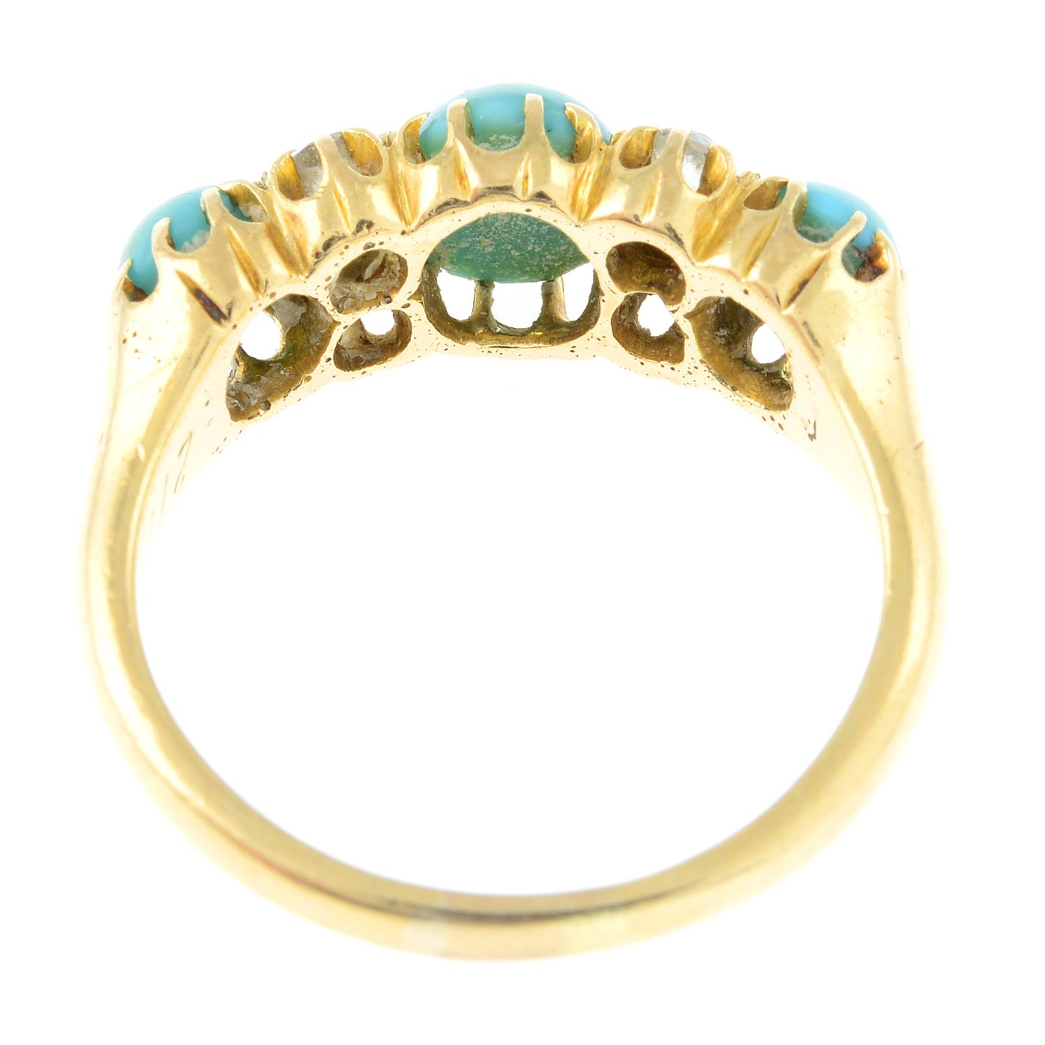 An early 20th century 18ct gold turquoise three-stone ring, with old-cut diamond spacers. - Image 2 of 2