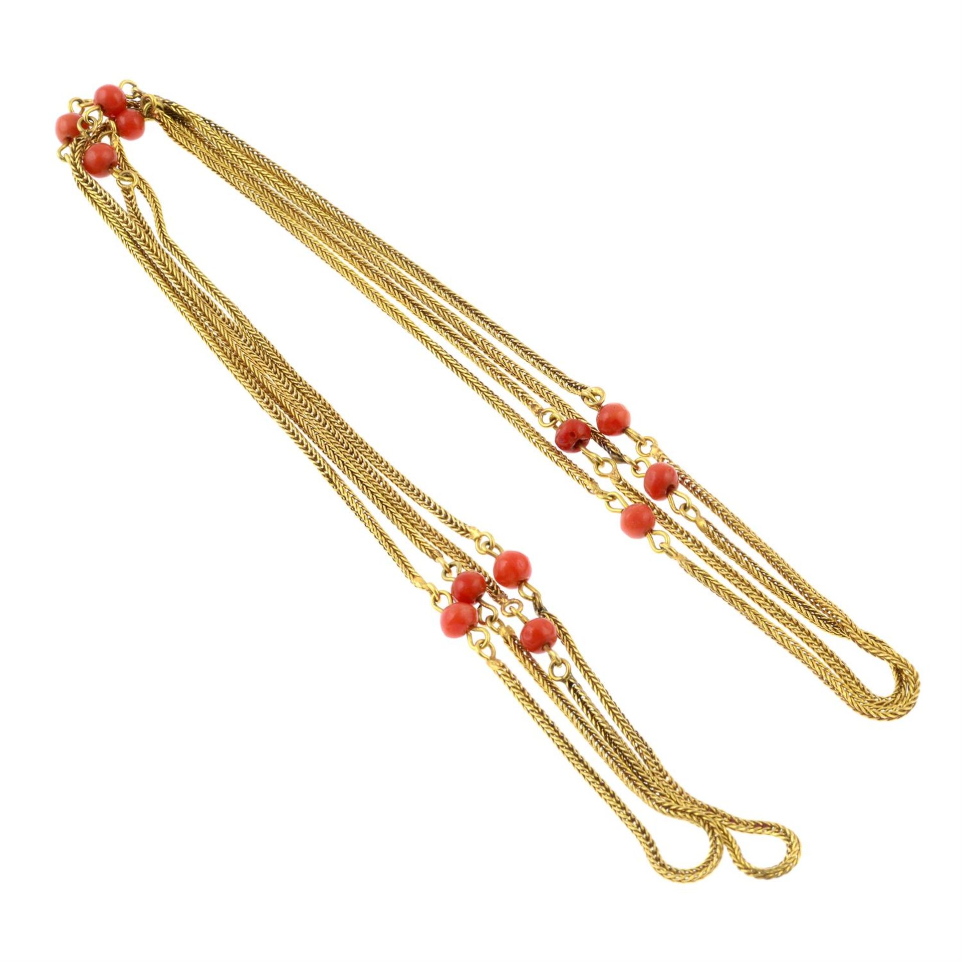 An early 20th century gold herringbone-link necklace, with coral highlights. - Image 2 of 2